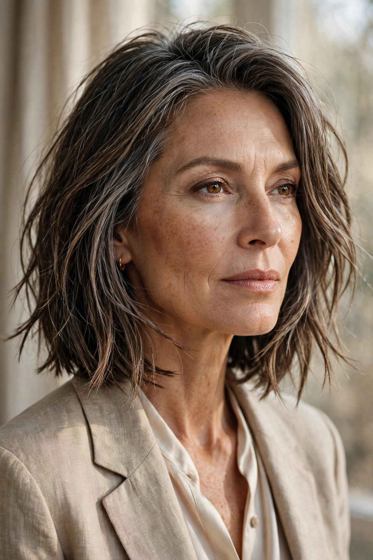 Lob with piecey separated strands framing the jawline