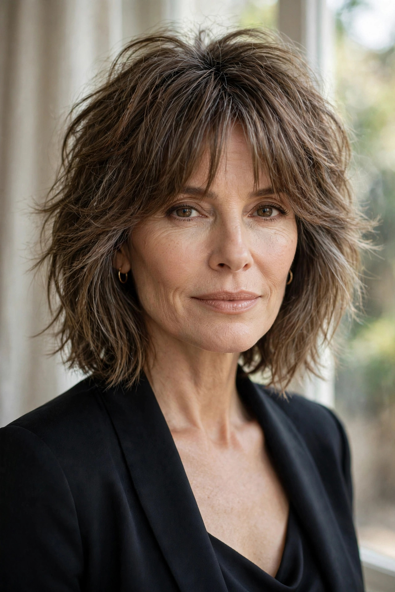Modern shag lob with choppy crown layers and curtain bangs
