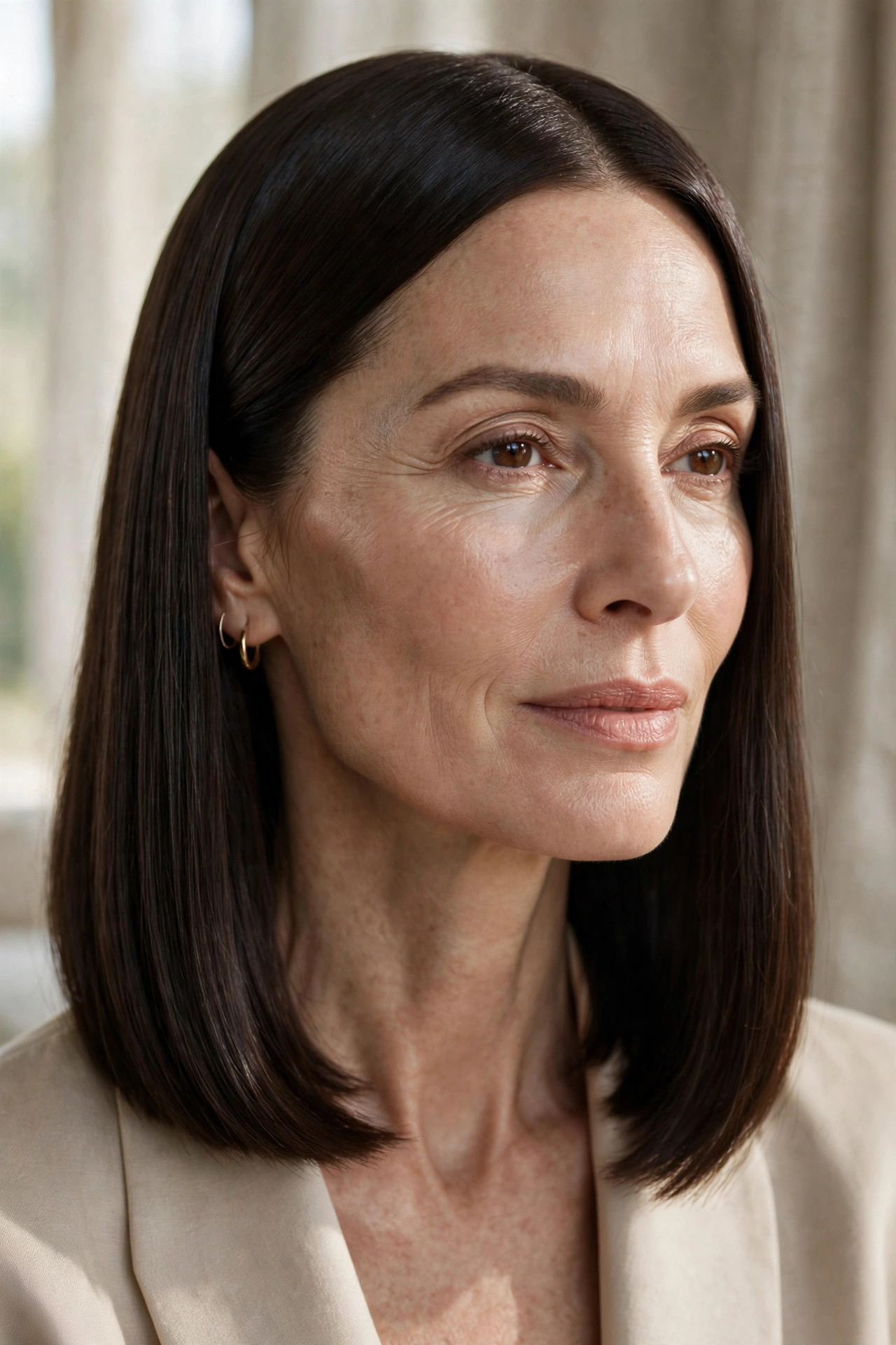 Dead-even one-length lob with liquid glossy shine