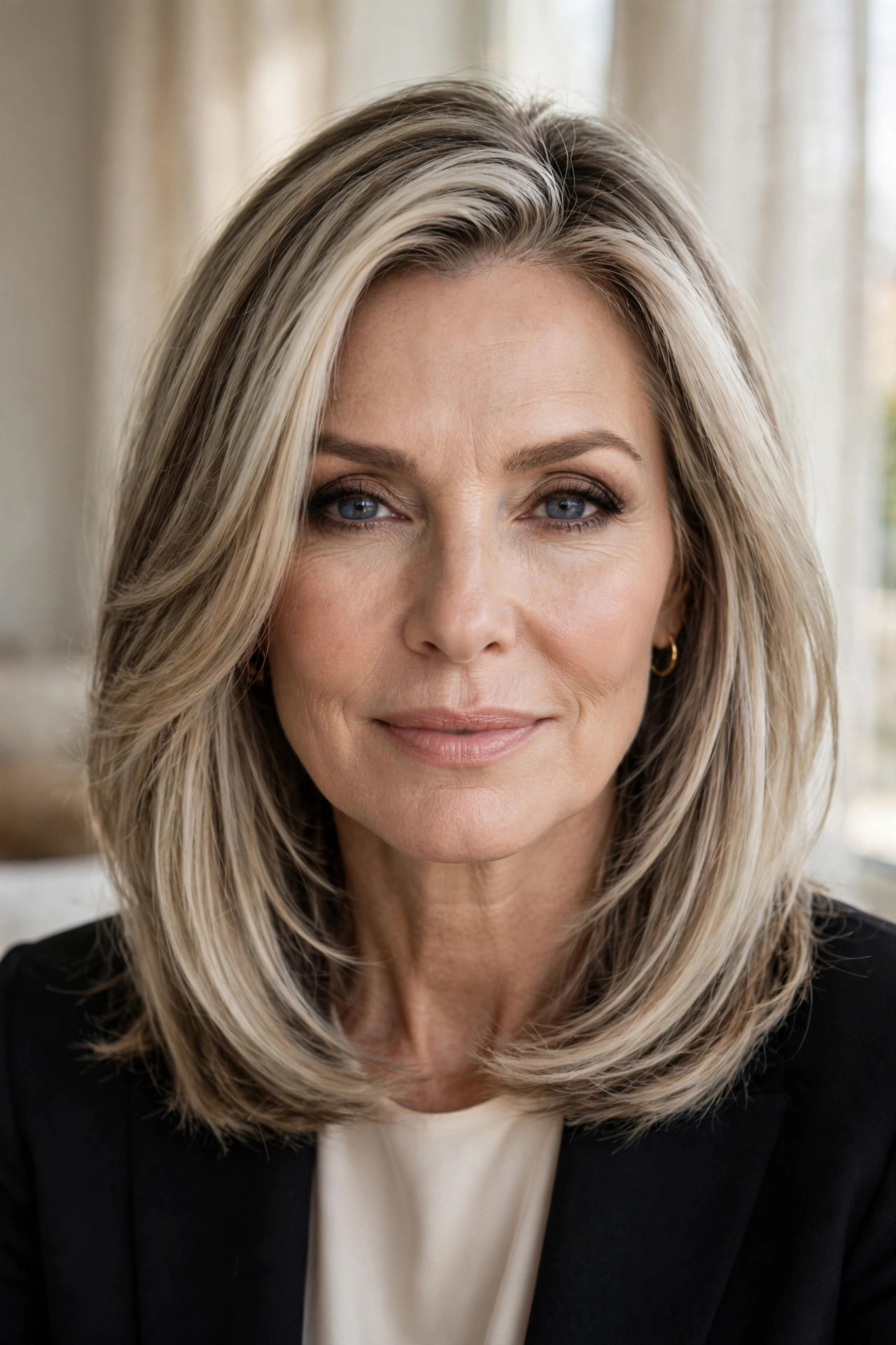 Soft layered lob in cool ash blonde with smoky depth
