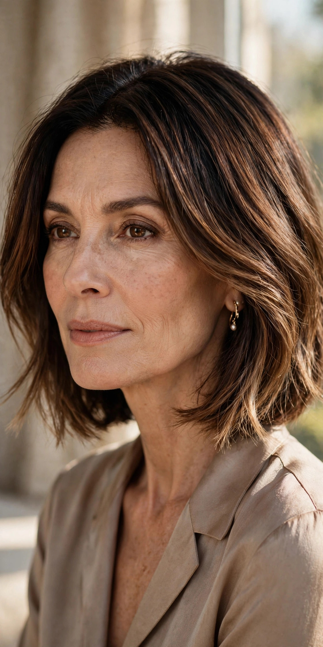 Rich dimensional brunette lob with espresso, chestnut, cocoa tones