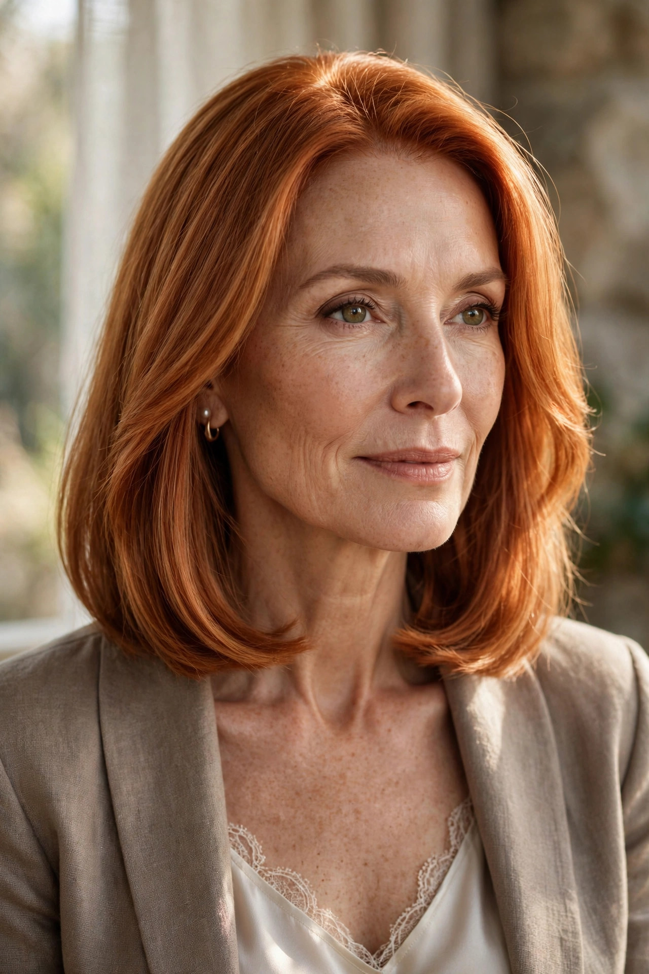 Collarbone lob in luminous glowing copper hair color