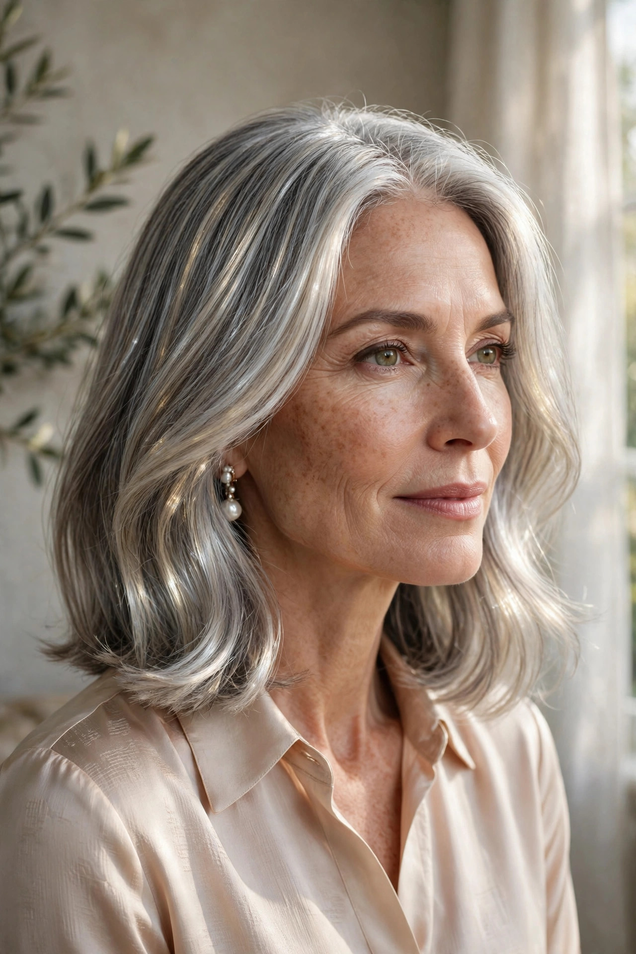 Lob blending natural gray with pearl and silver lowlights
