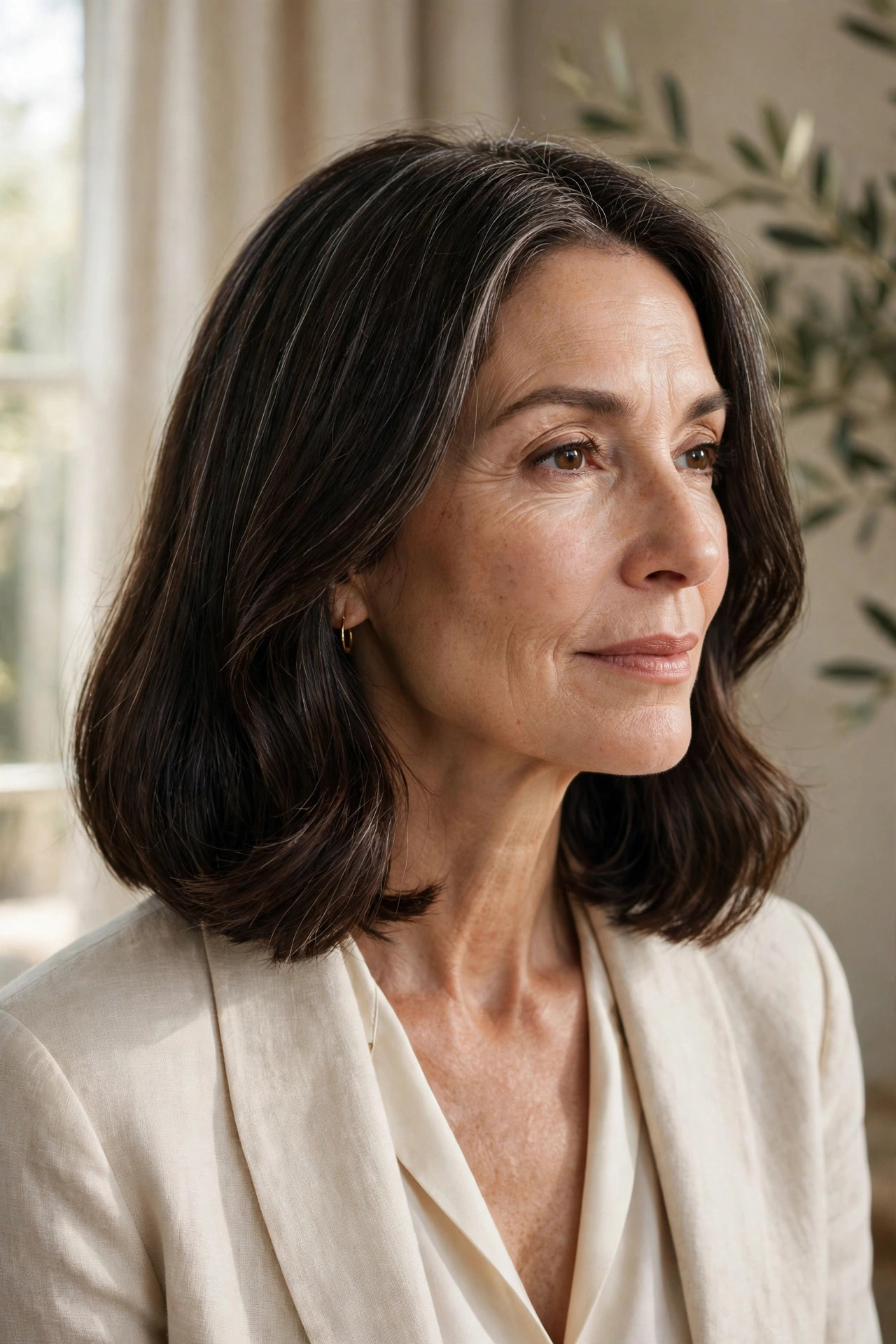 Blunt lob styled with one loose soft bend through mid-lengths
