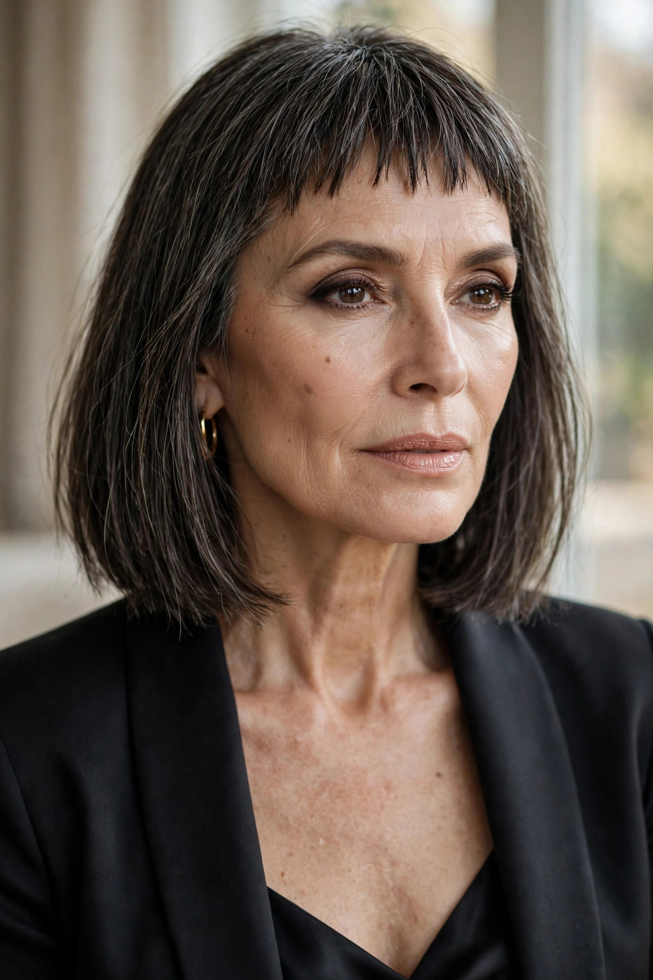 Collarbone lob with short piecey straight-across micro fringe