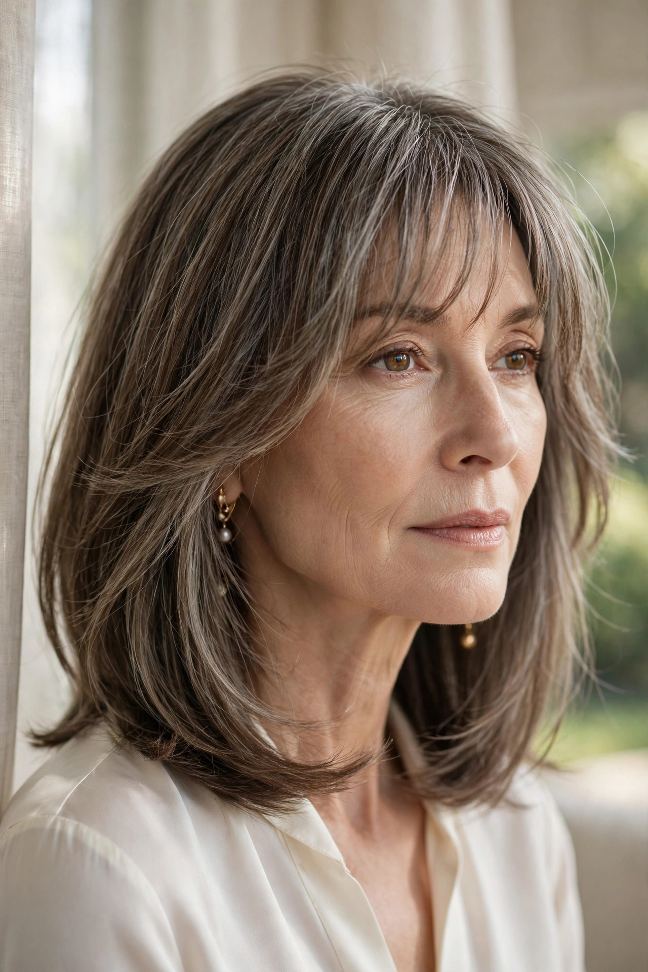 Lob with extra-long feathery wispy bangs past the cheekbones