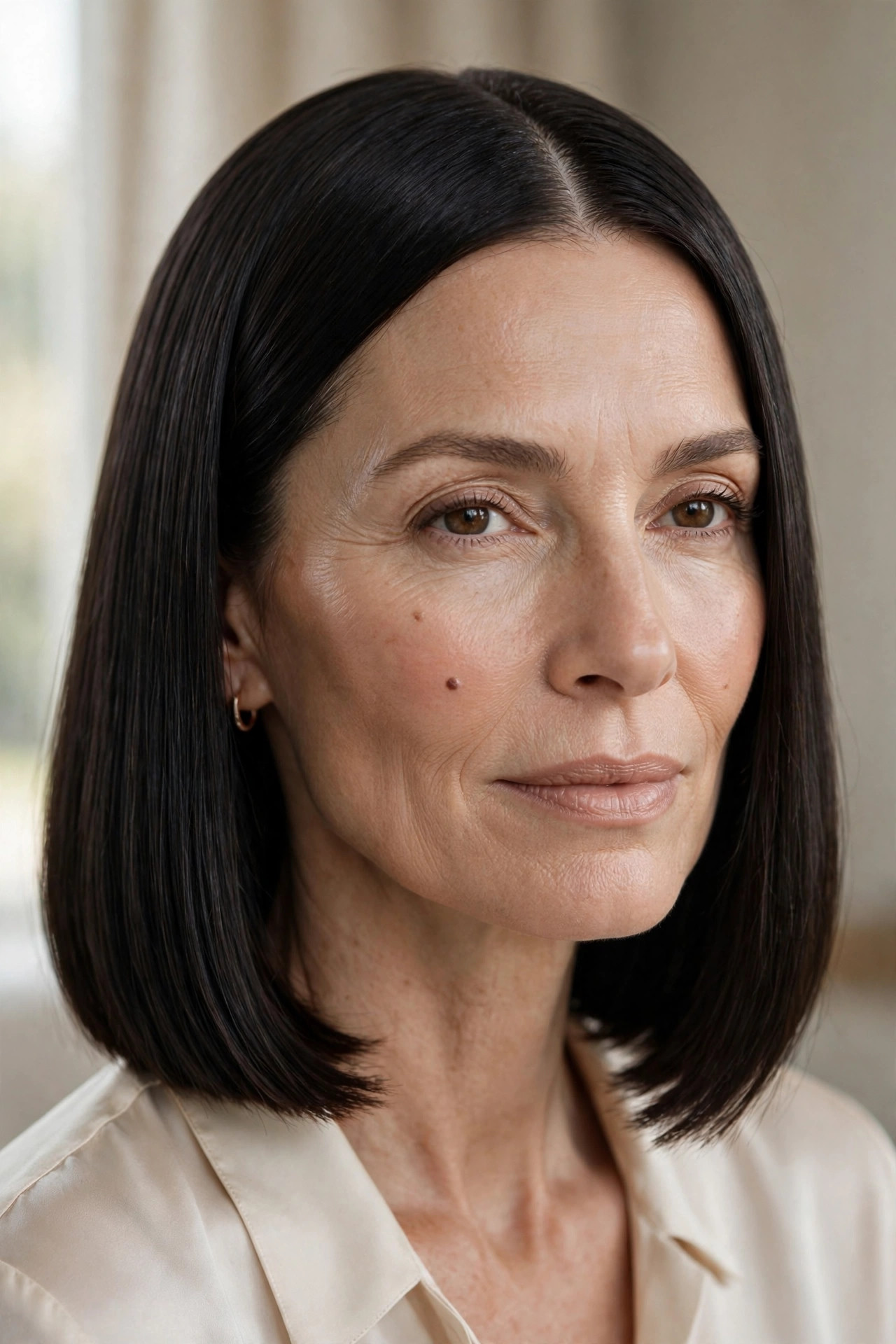 Lob flat-ironed to glass-like smoothness with center part