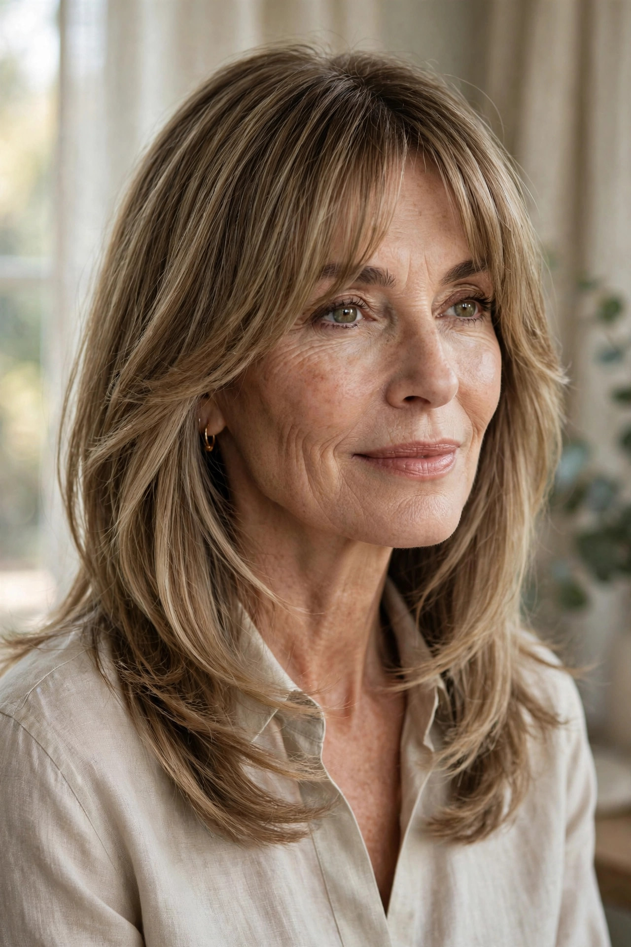 Lob with soft curtain bangs flowing into long blended layers