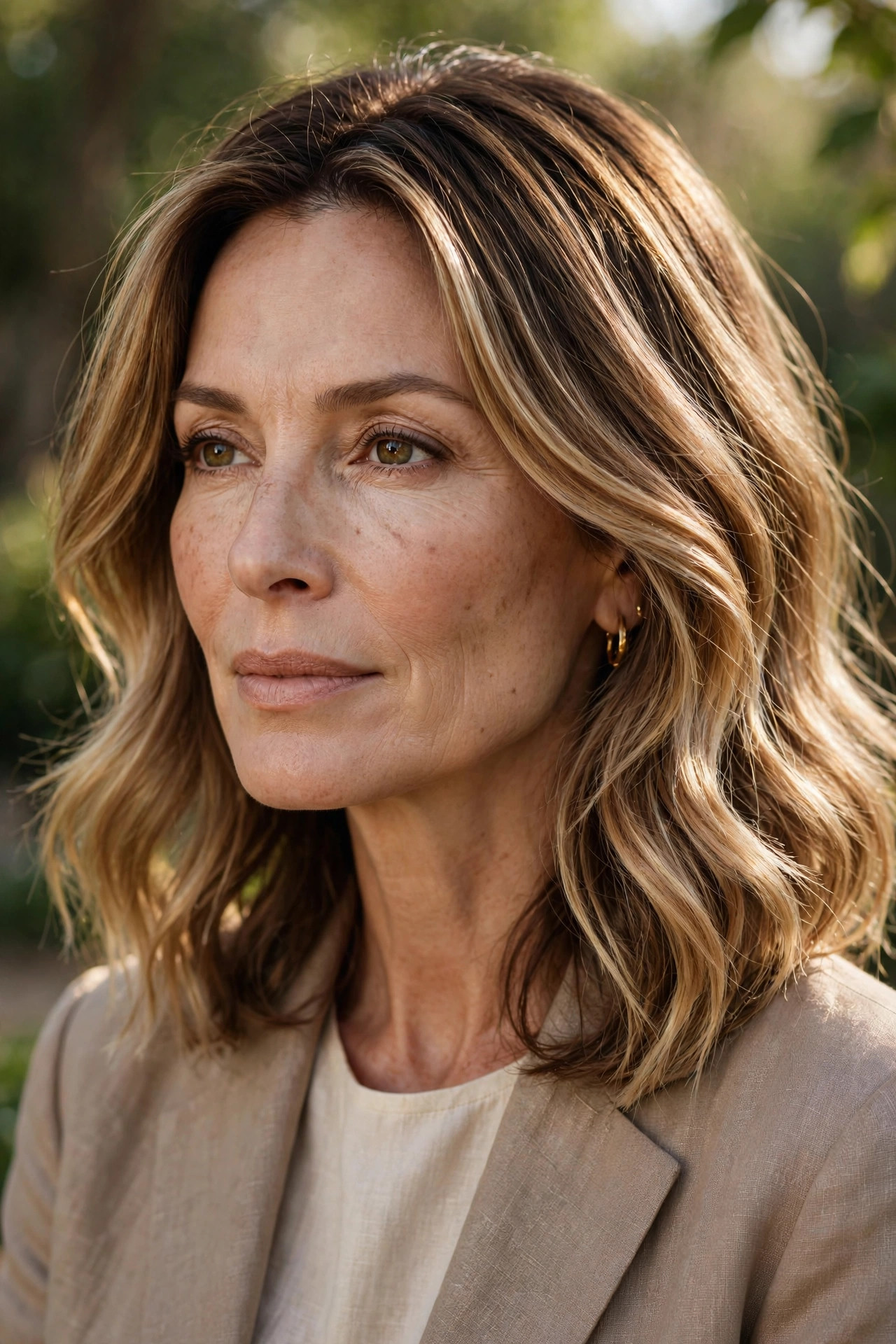 Sun-kissed bronde lob with brightness through ends, loose waves