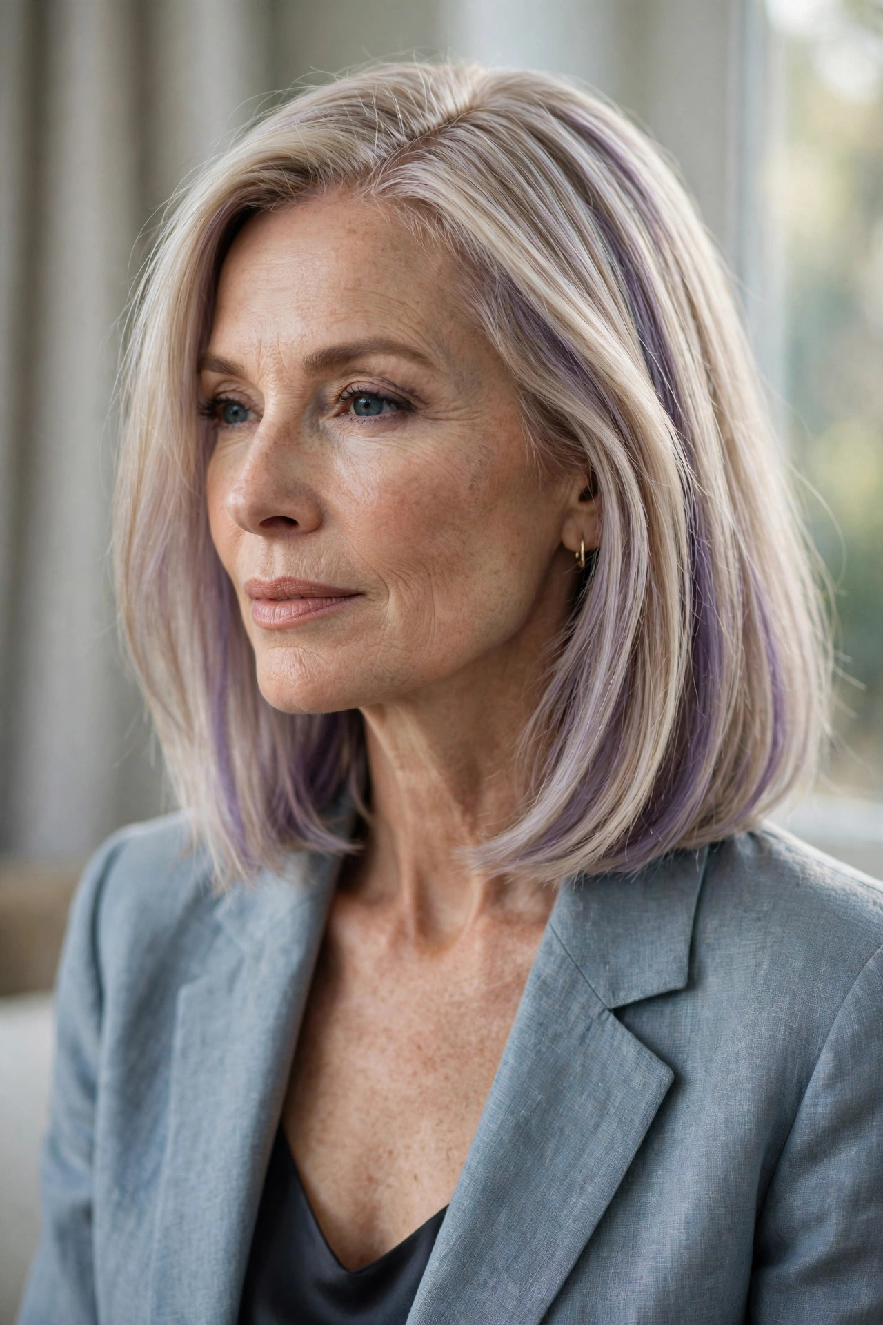 Blonde lob with a whisper of smoky lavender toner