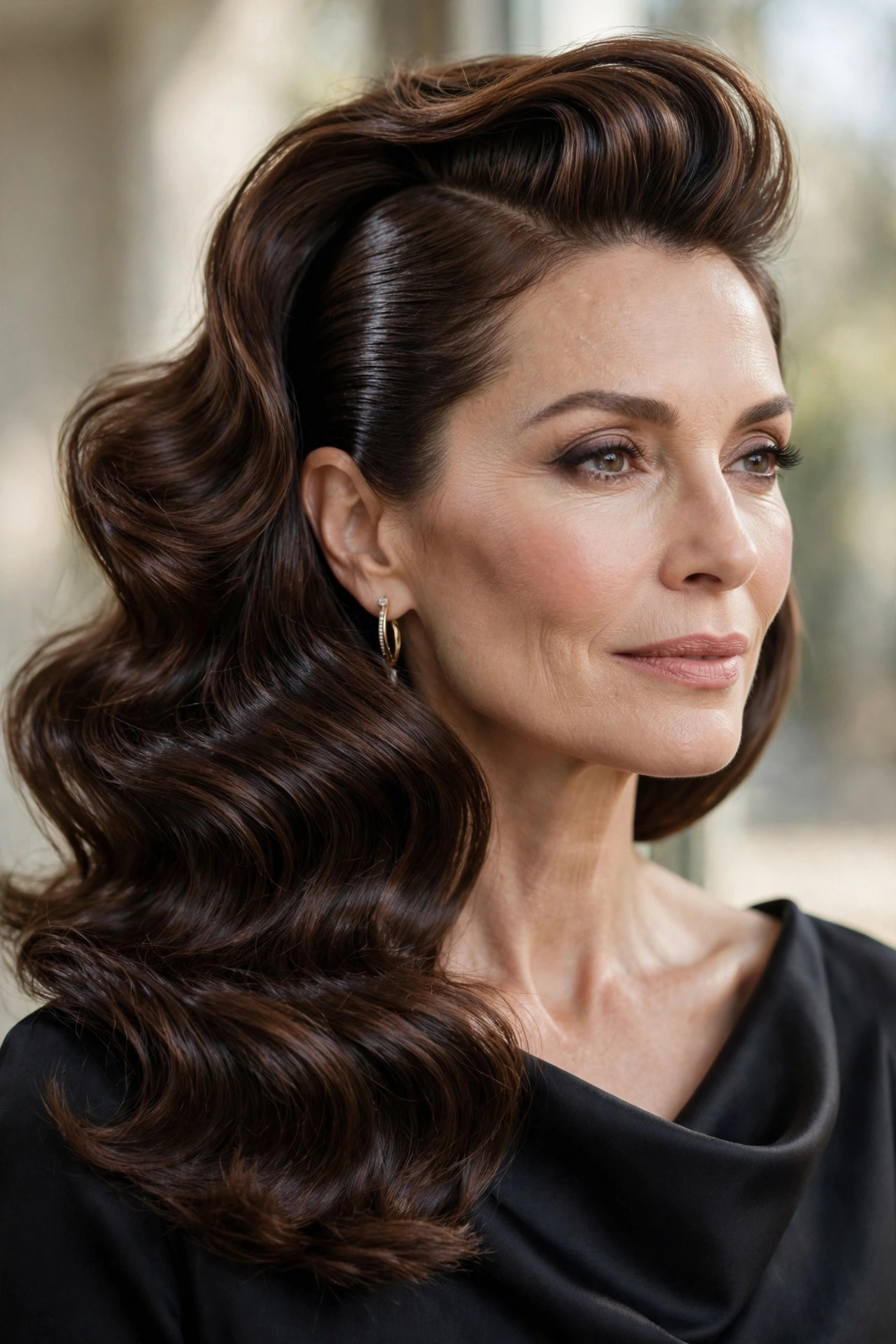 Lob with exaggerated deep side part, sleek and voluminous sides