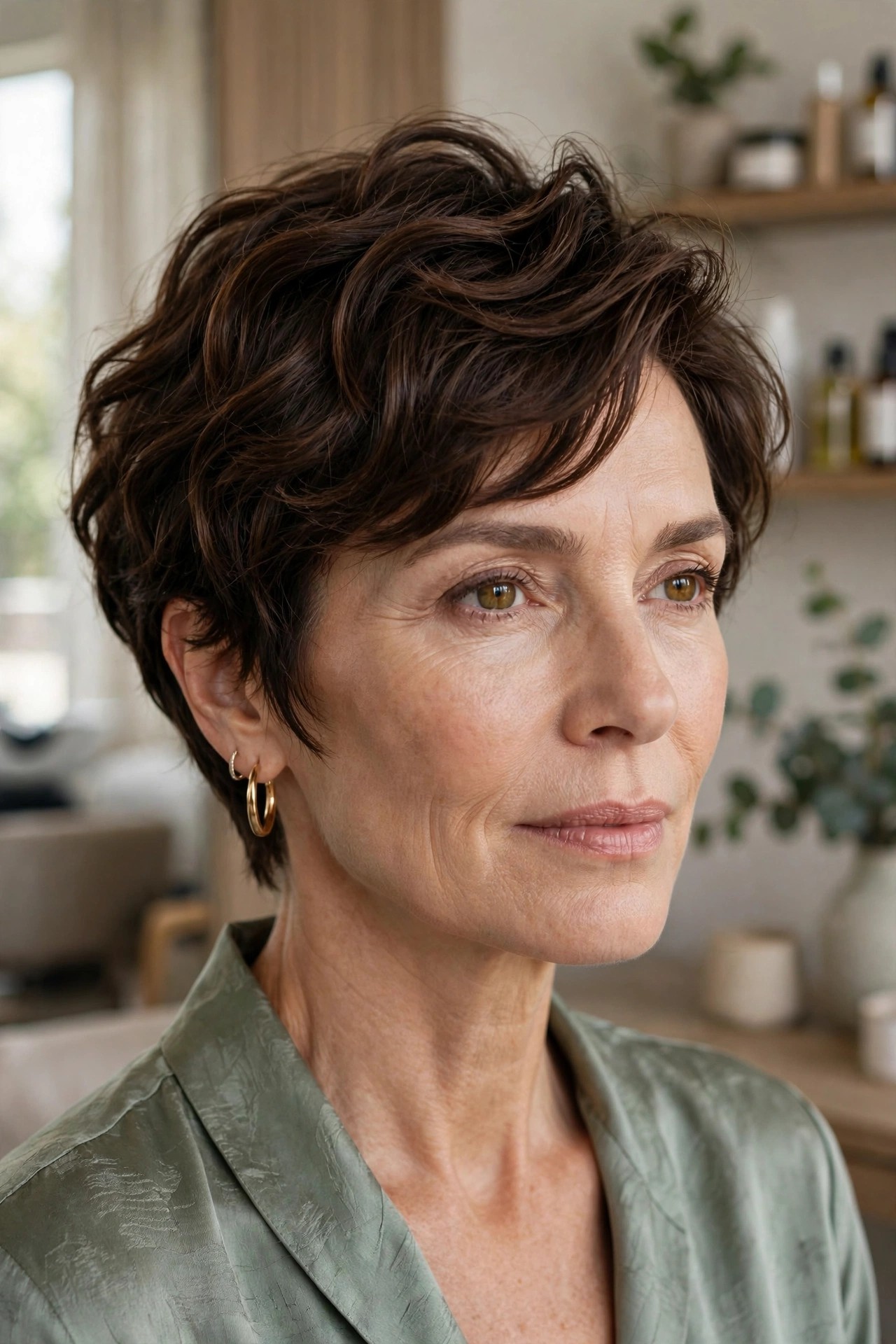 Woman in her 50s with a wave-rider wavy pixie