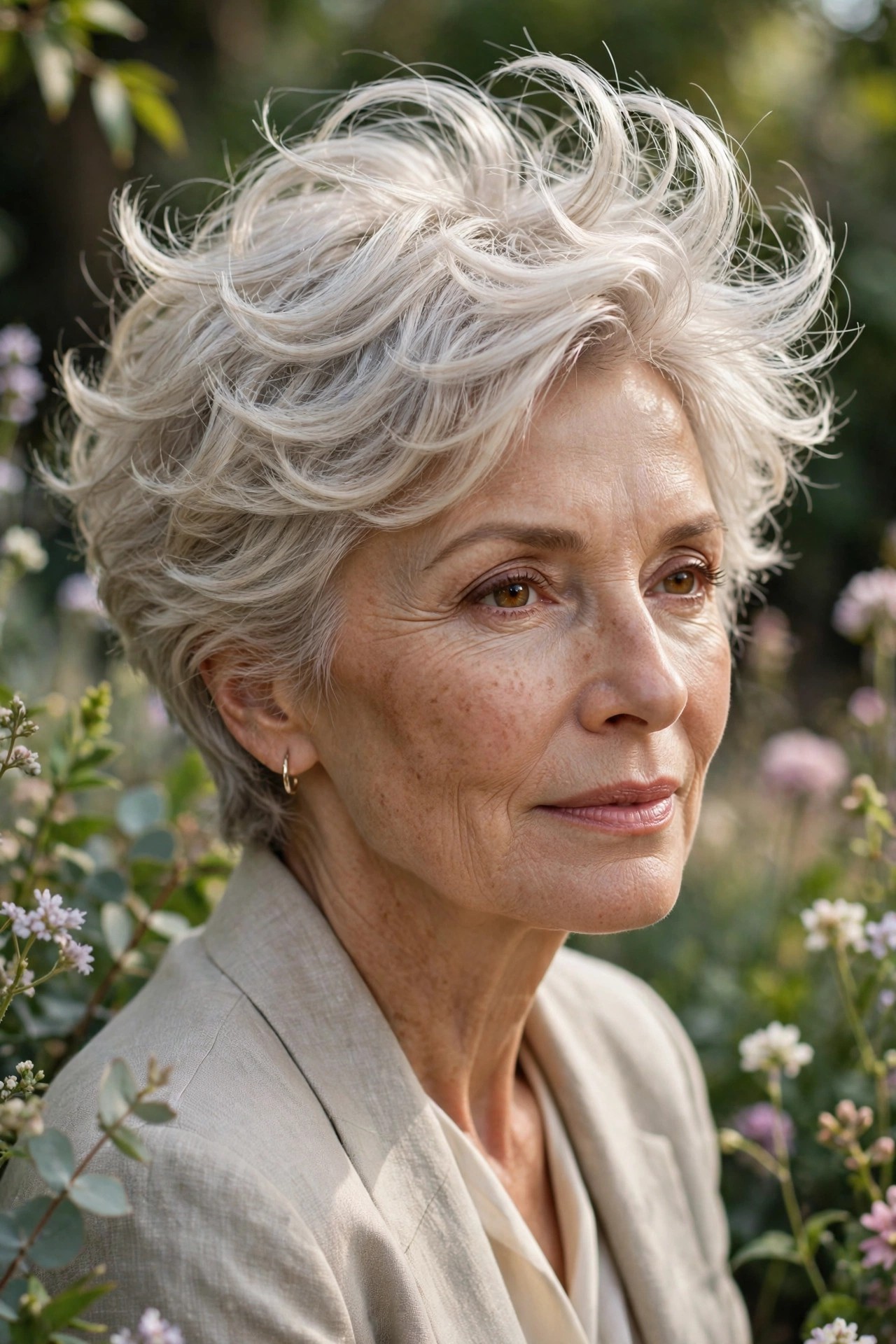 Woman in her 60s with an air-lift wavy pixie