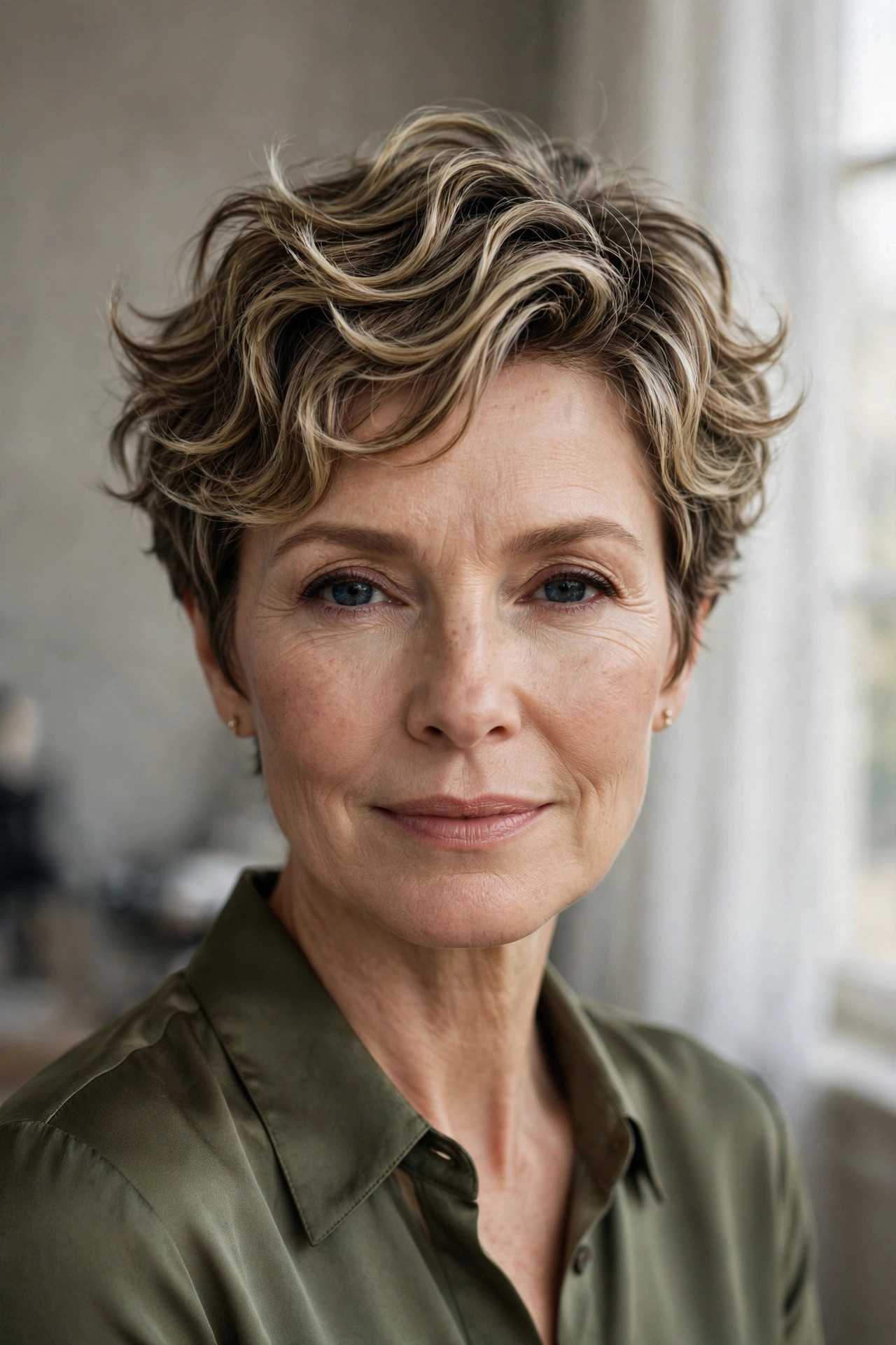 Woman in her 50s with a bend-and-lift wavy pixie