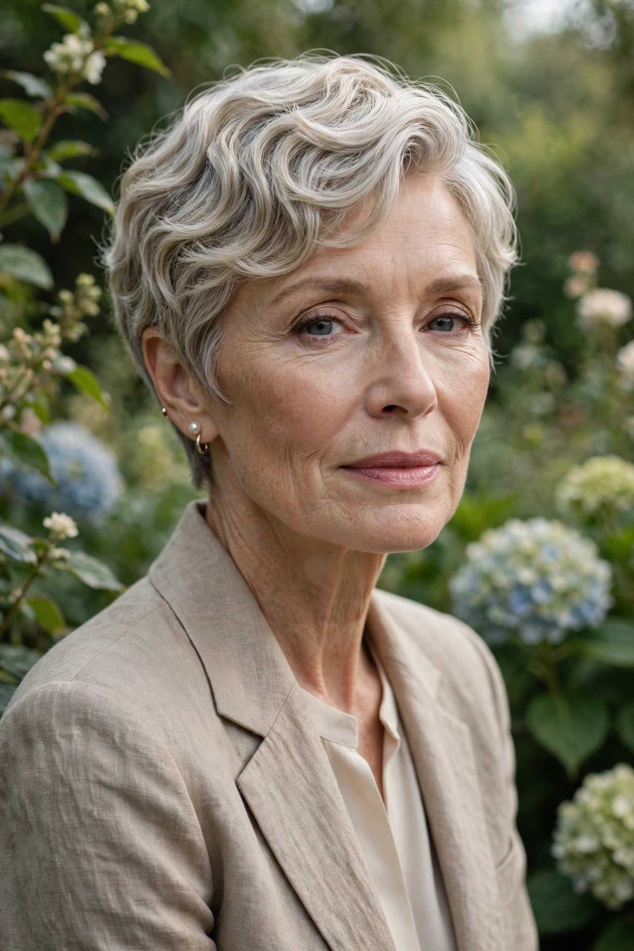 Woman in her 60s with a roller wave pixie