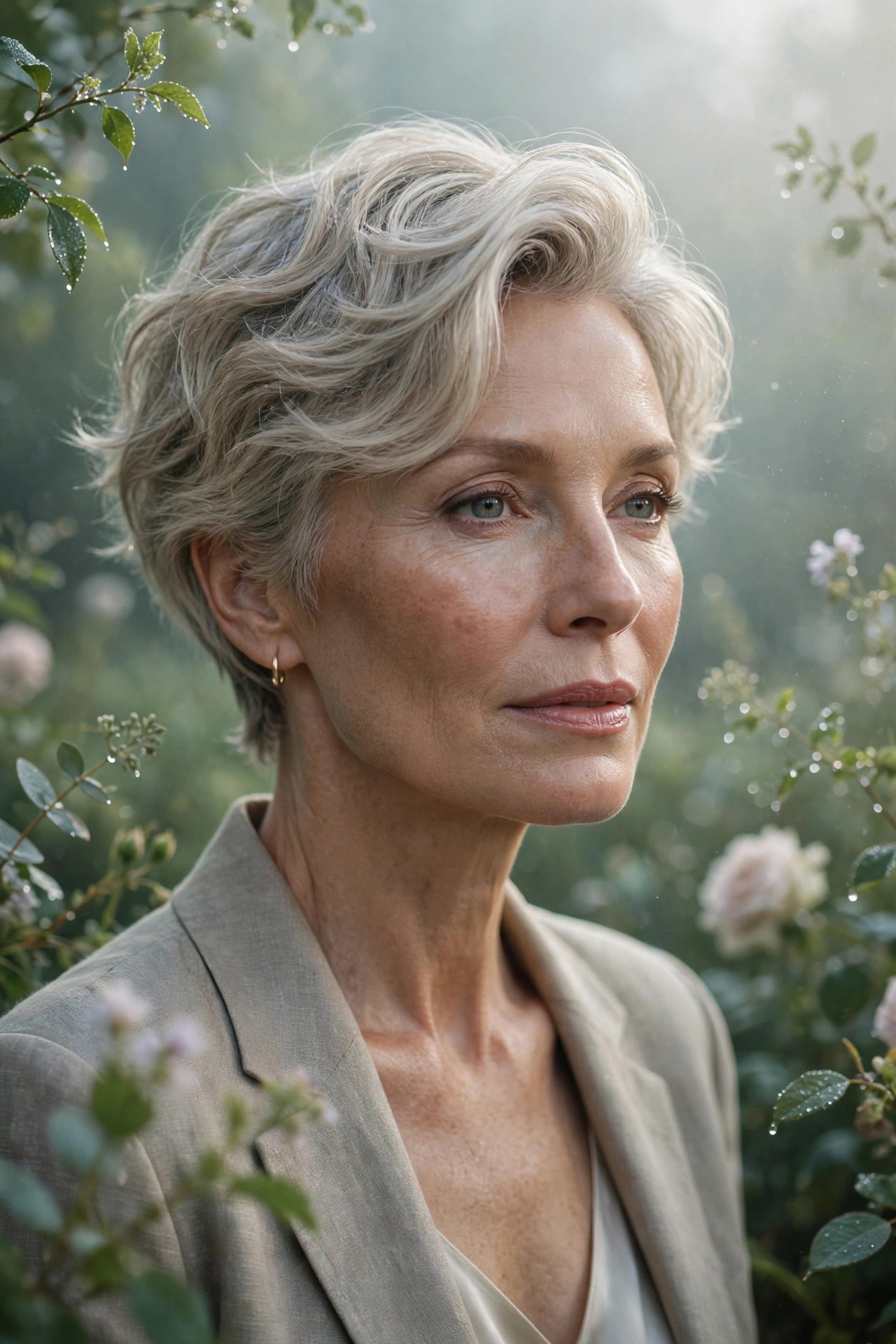 Woman in her 50s with a misty wave pixie