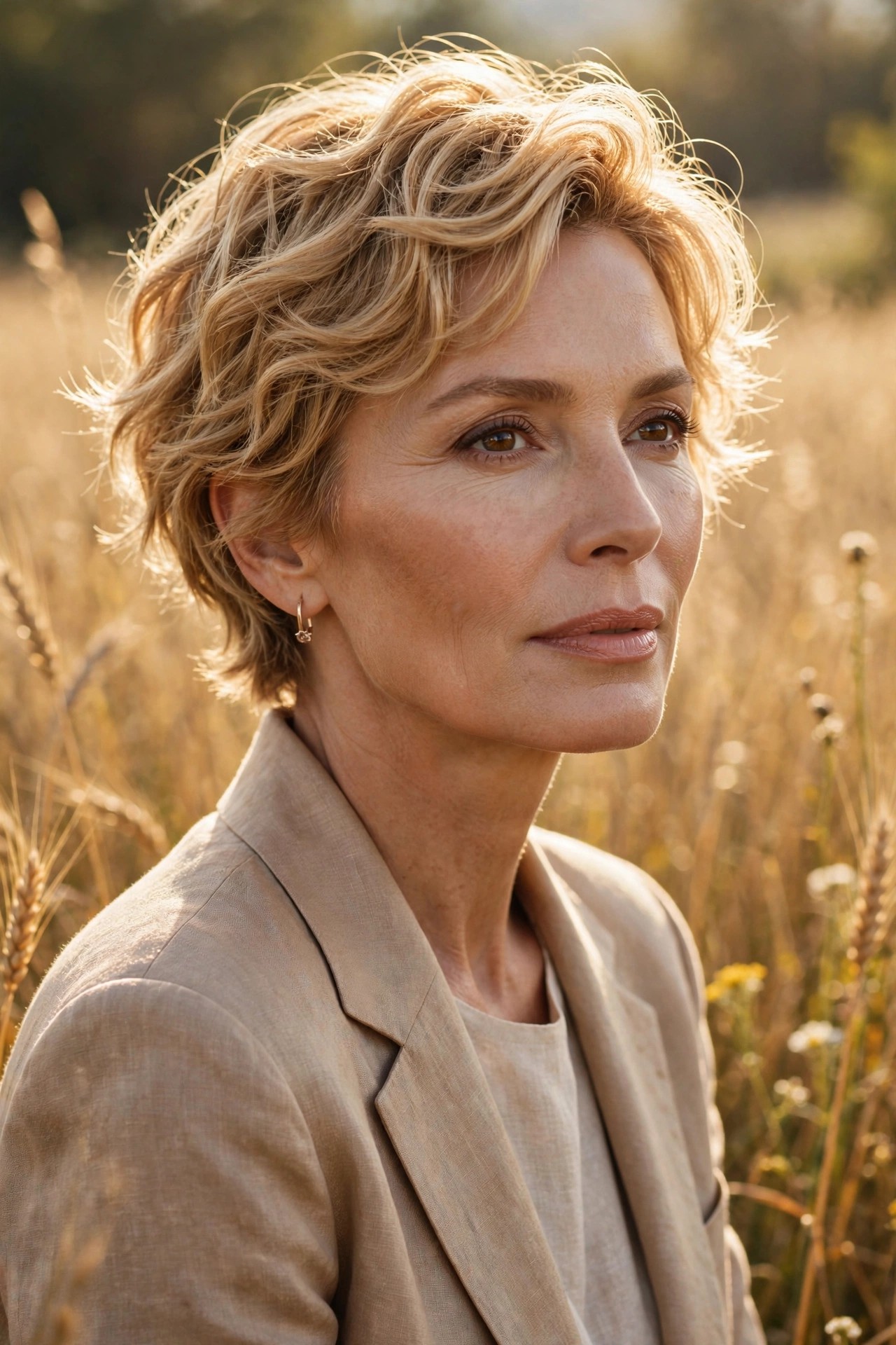 Woman in her 50s with a wheat wave pixie