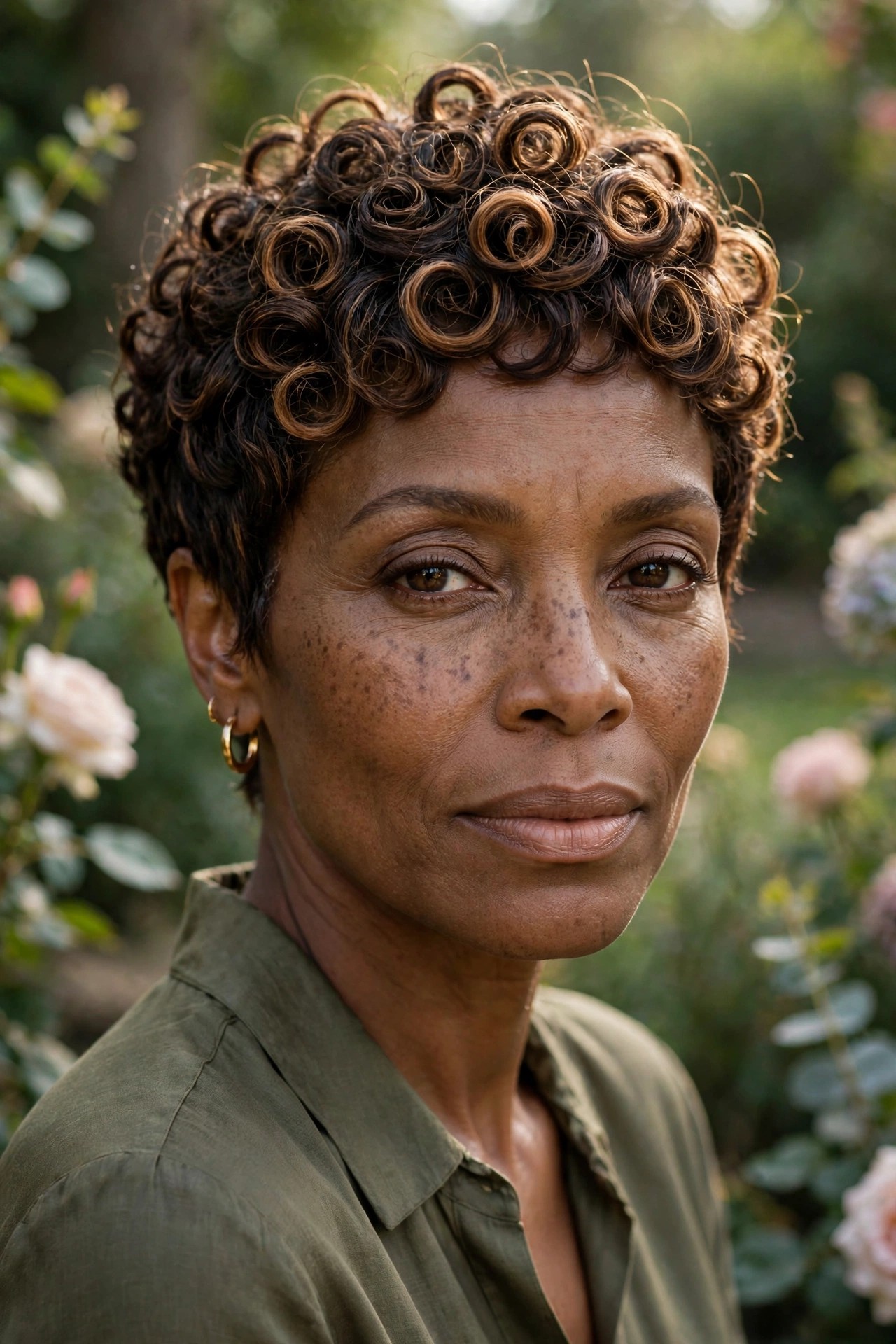 Black woman in her 50s with a shell curl pixie