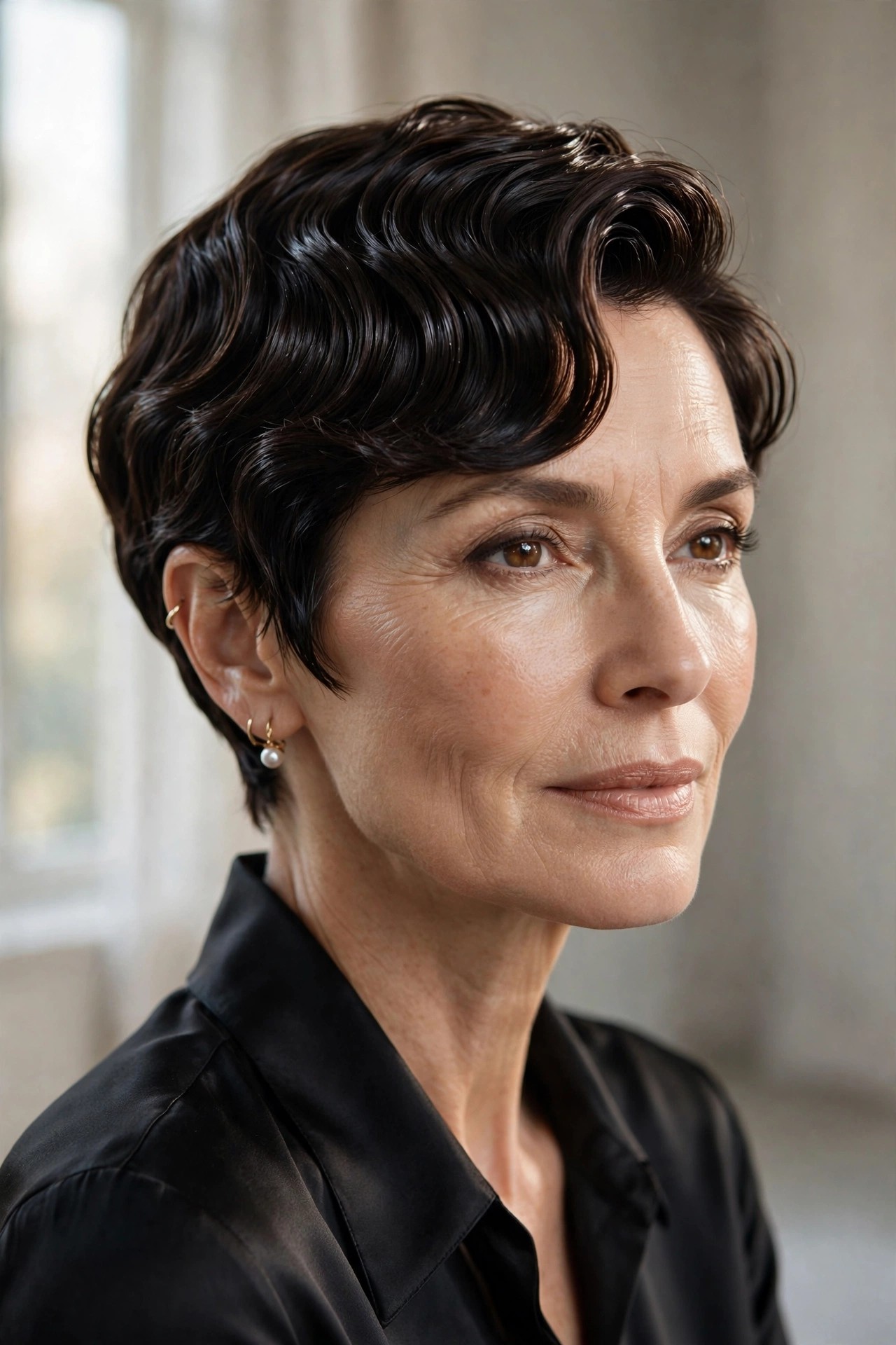 Woman in her 50s with a crystal wave pixie