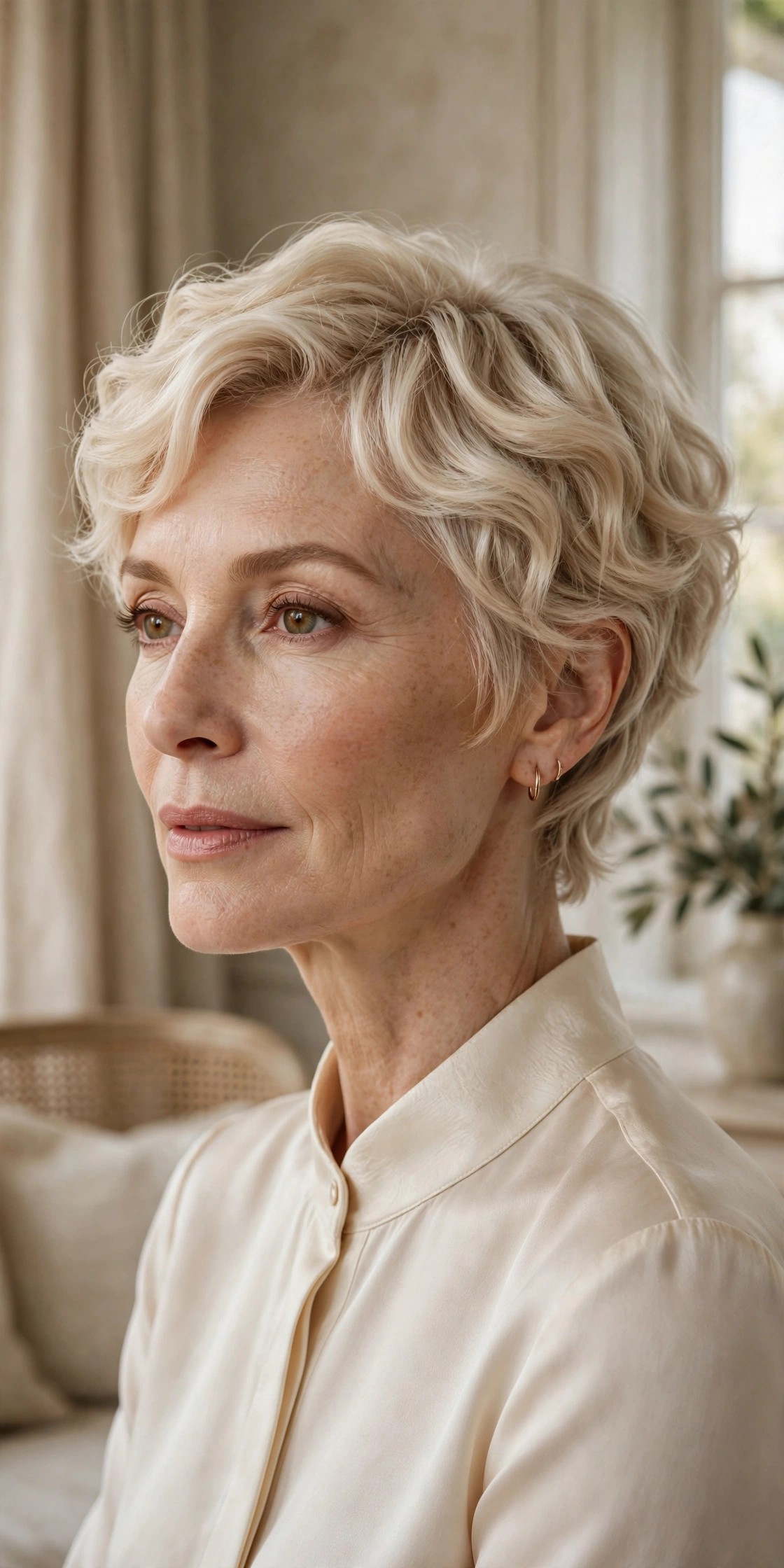 Woman in her 50s with a milky wave pixie