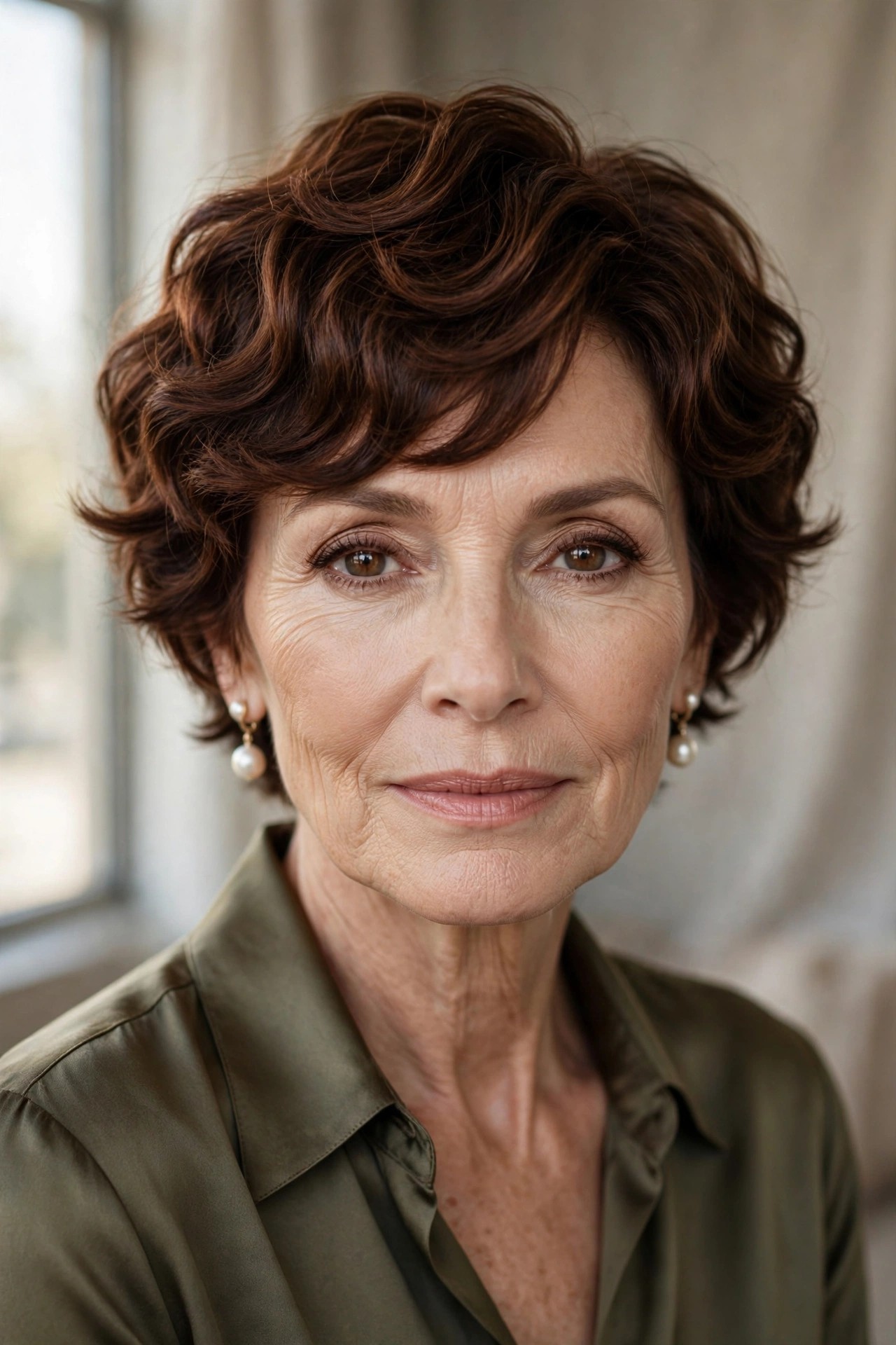 Woman in her 60s with a cocoa wave pixie