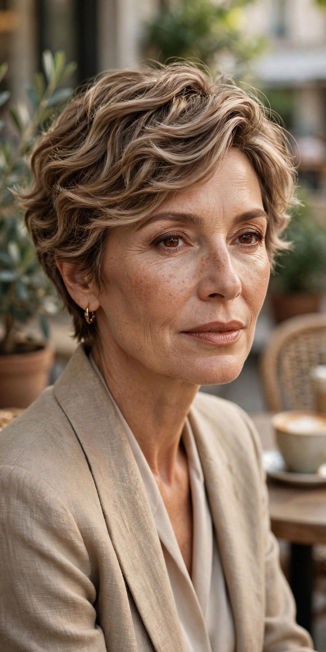 Woman in her 50s with a latte wave pixie