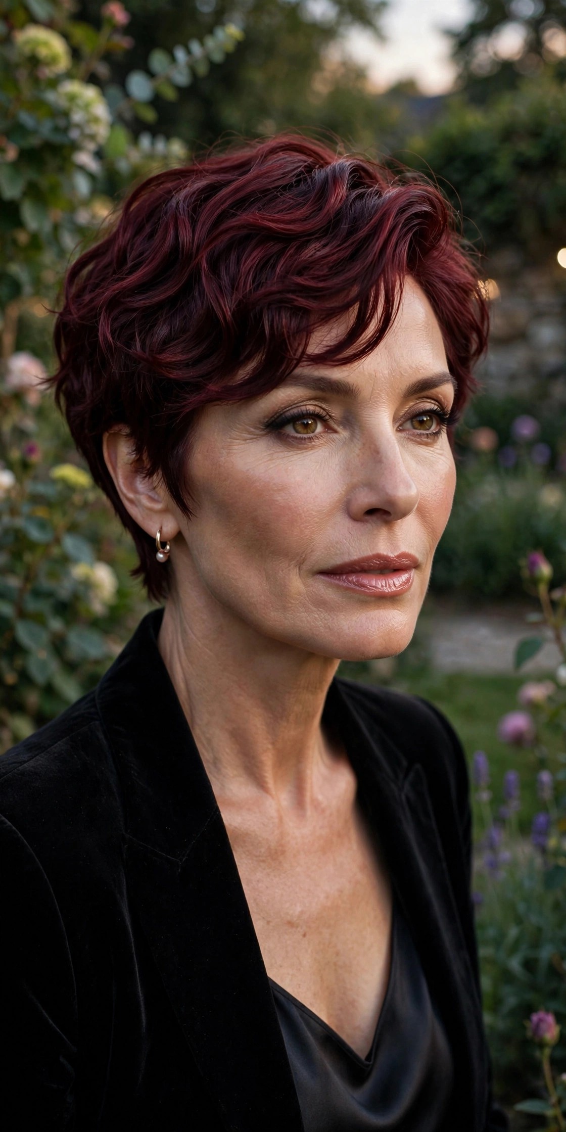 Woman in her 50s with a merlot wave pixie