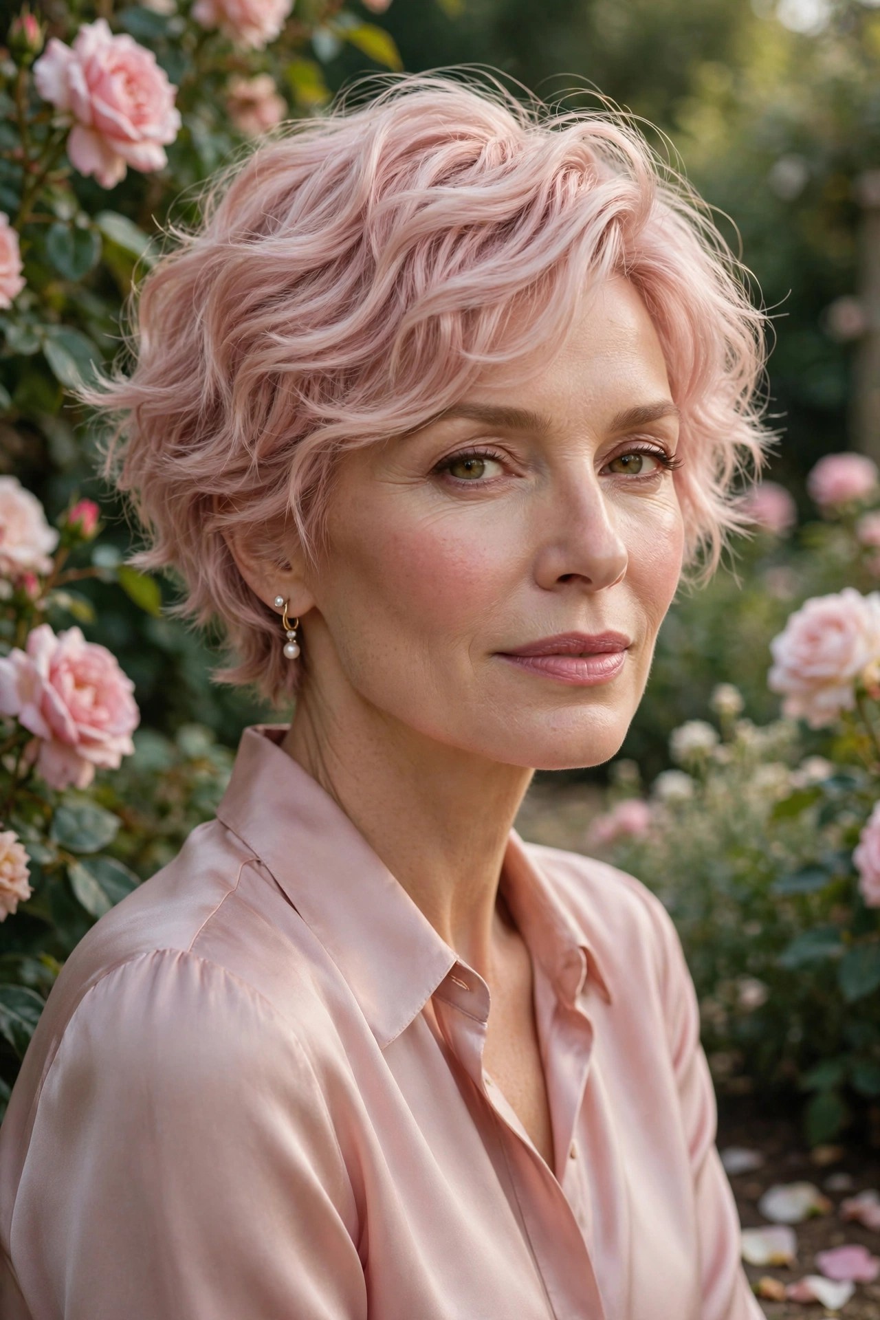 Woman in her 50s with a blush wave pixie