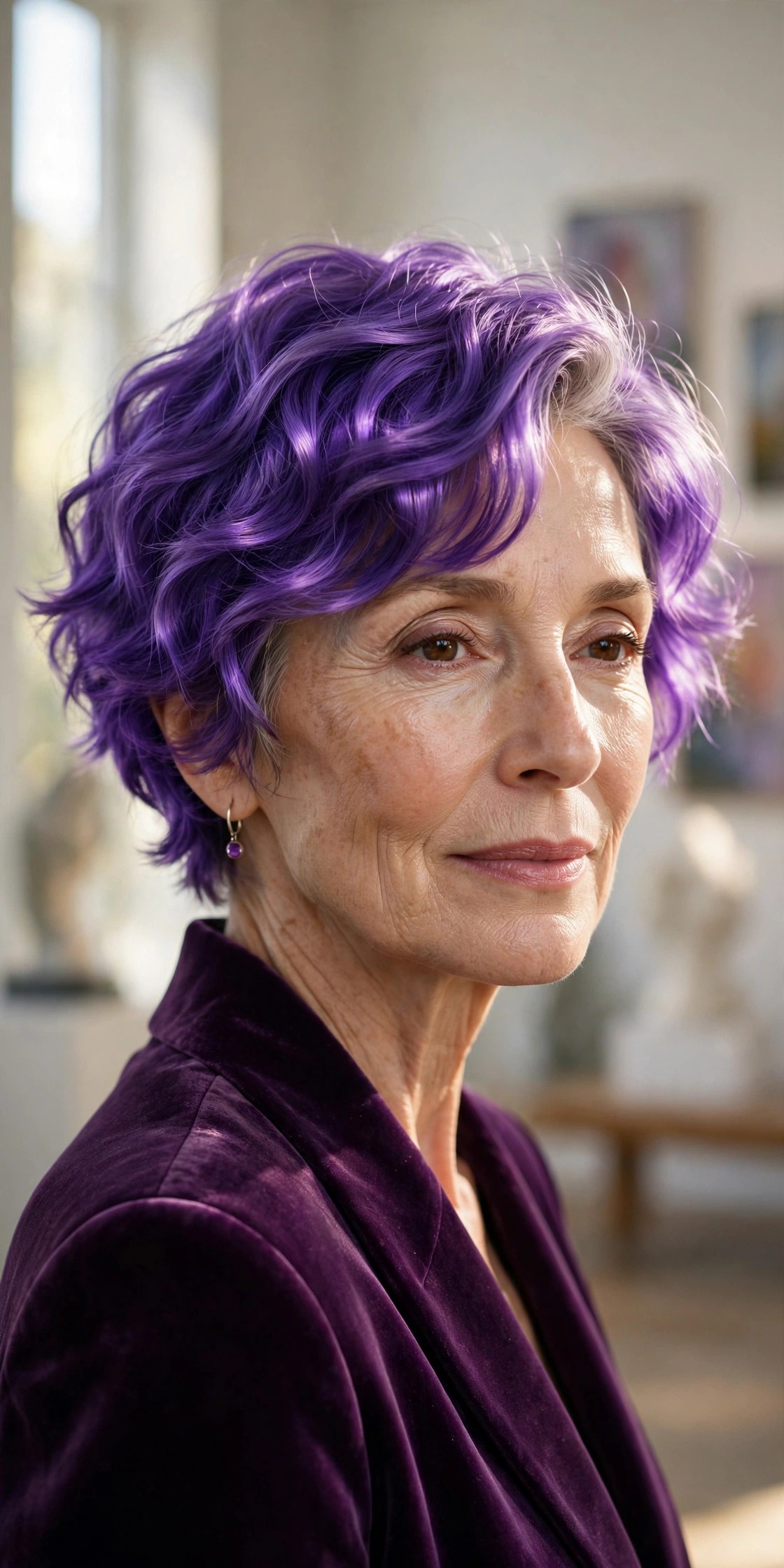 Woman in her 60s with a violet wave pixie
