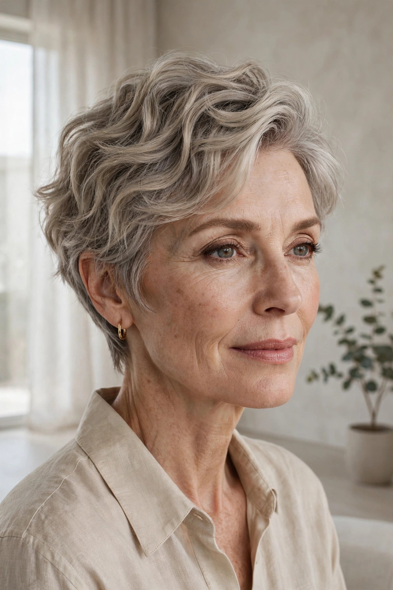 Woman in her 50s with an ash wave pixie