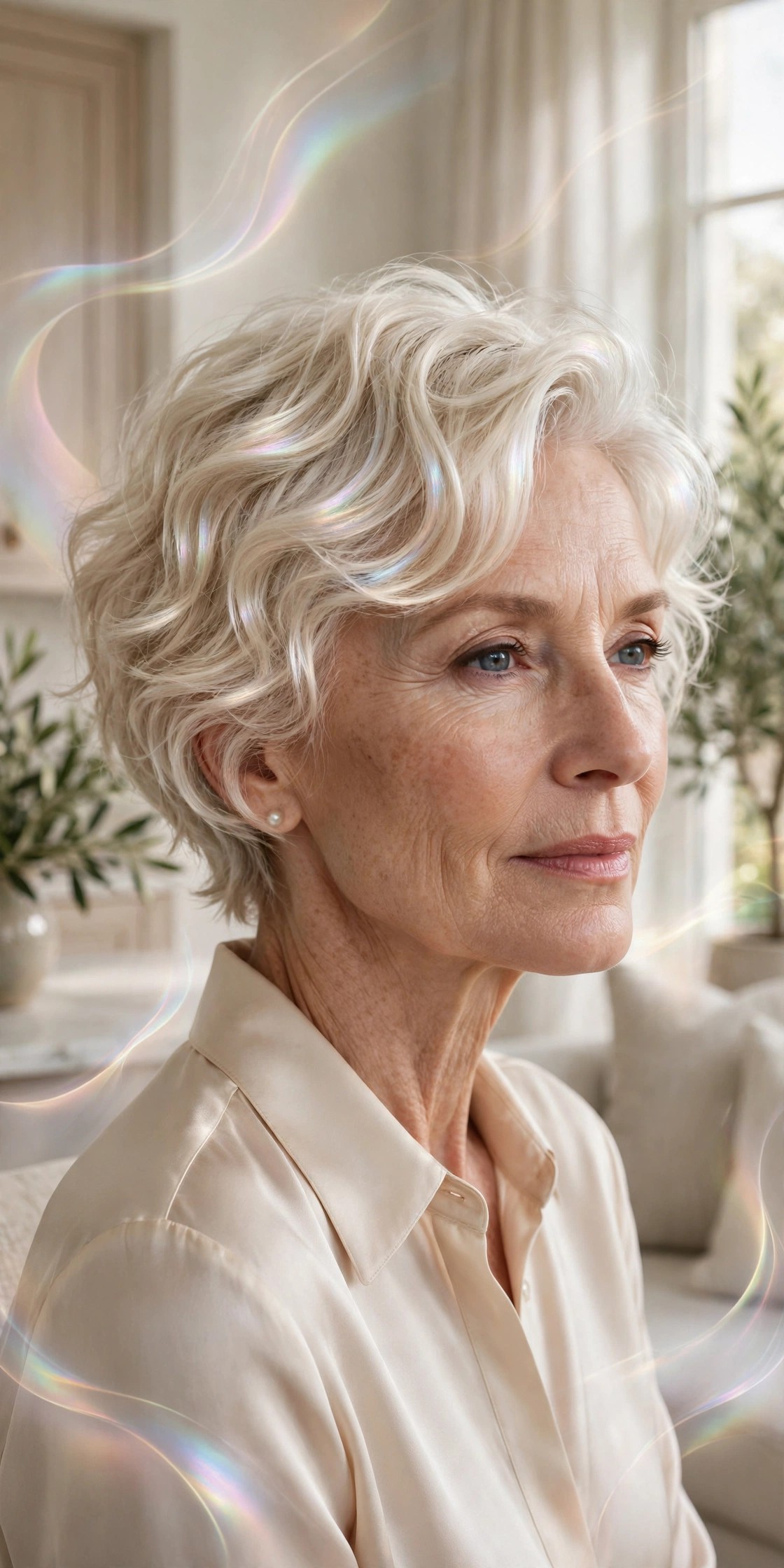 Woman in her 60s with a pearl wave pixie