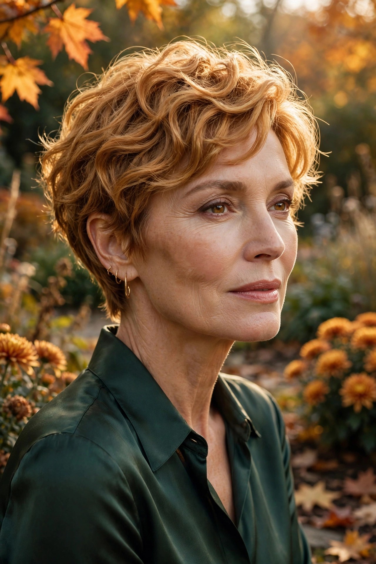 Woman in her 50s with an amber wave pixie