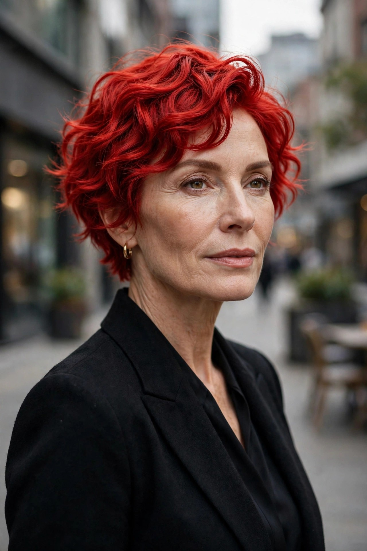 Woman in her 50s with a scarlet wave pixie