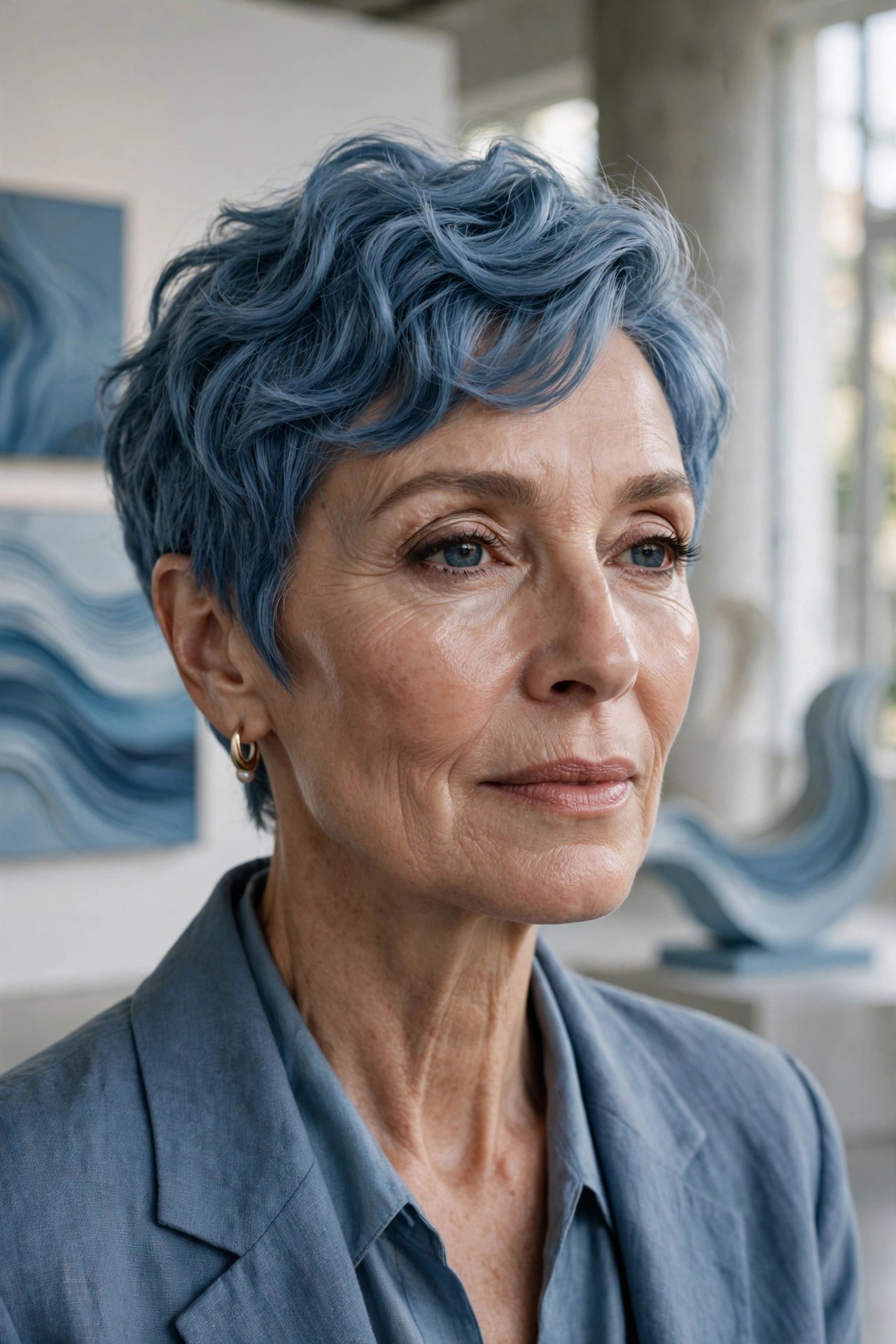 Woman in her 60s with a denim wave pixie