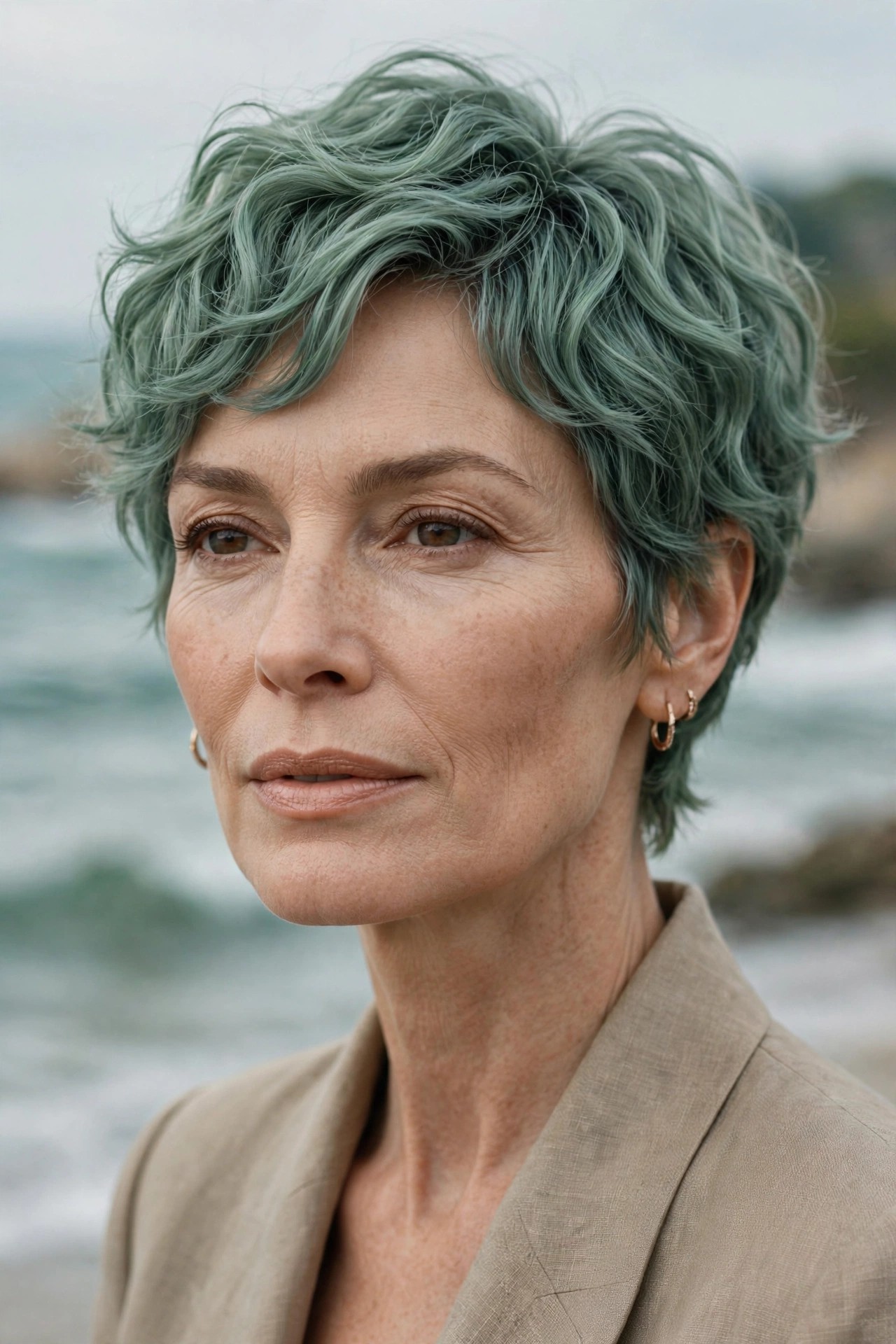 Woman in her 50s with a sea-glass wave pixie