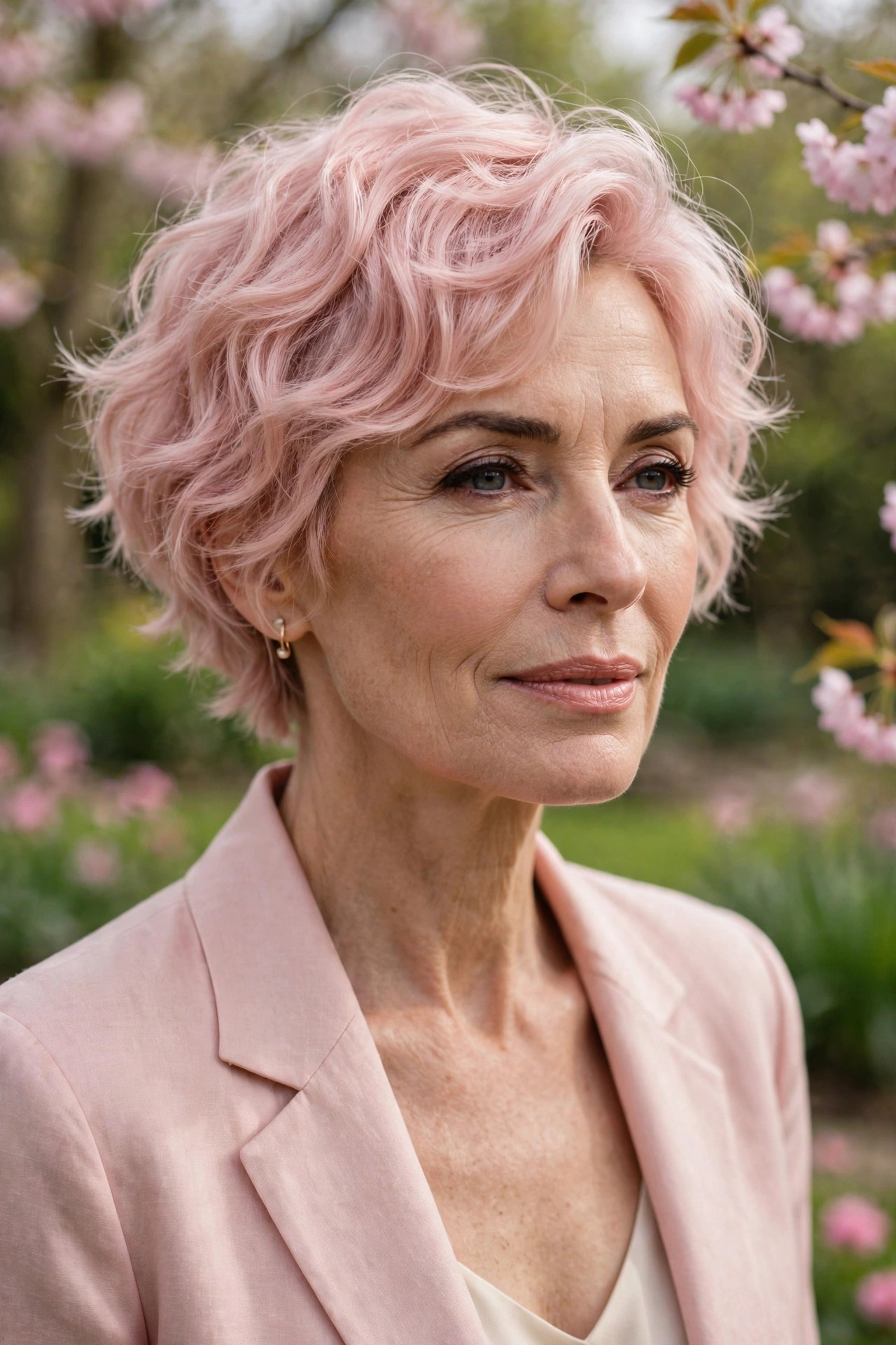 Woman in her 50s with a petal wave pixie