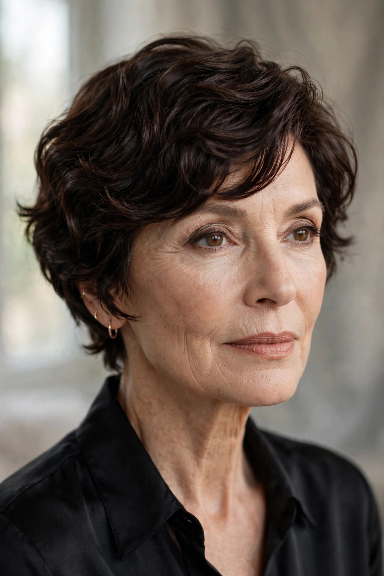 Woman in her 60s with an espresso wave pixie