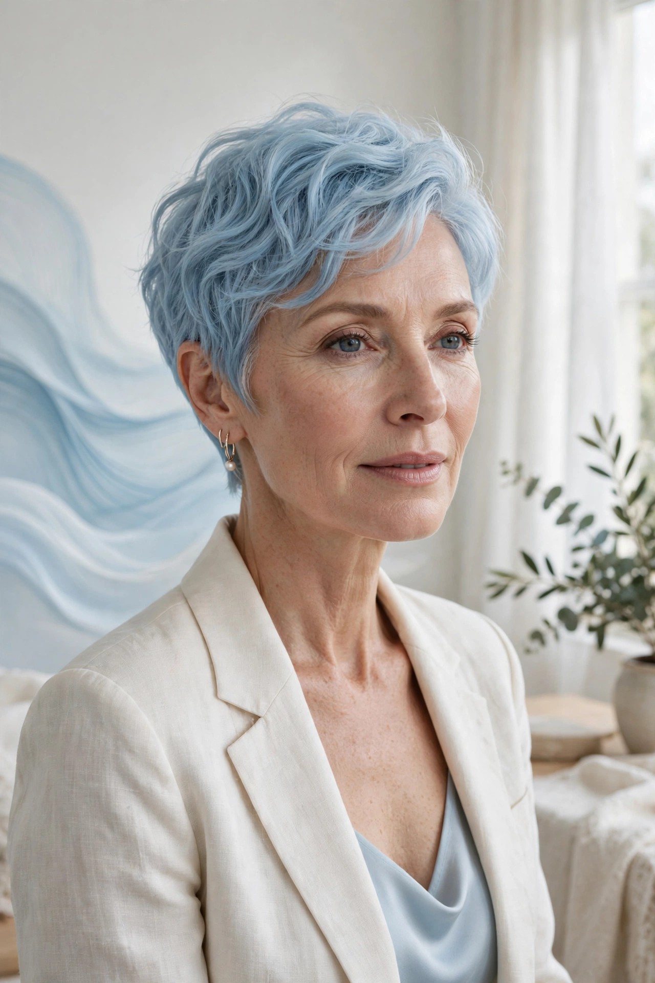 Woman in her 50s with a sky wave pixie
