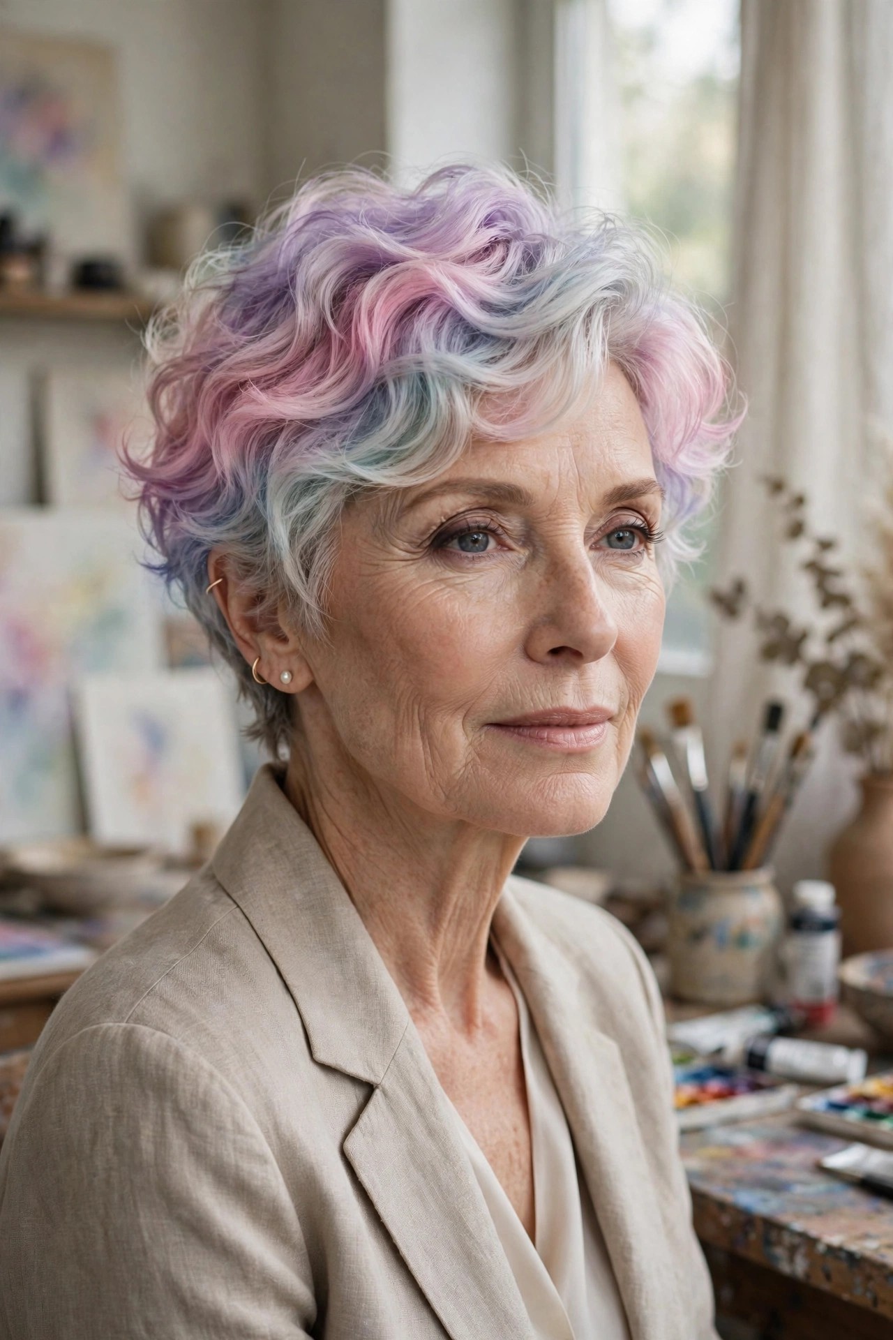 Woman in her 60s with a watercolor wave pixie
