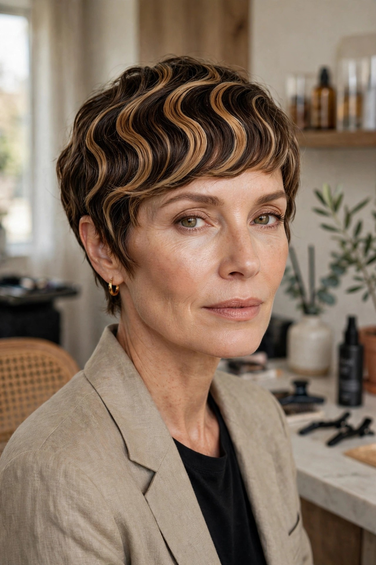 Woman in her 50s with a brushstroke wavy pixie