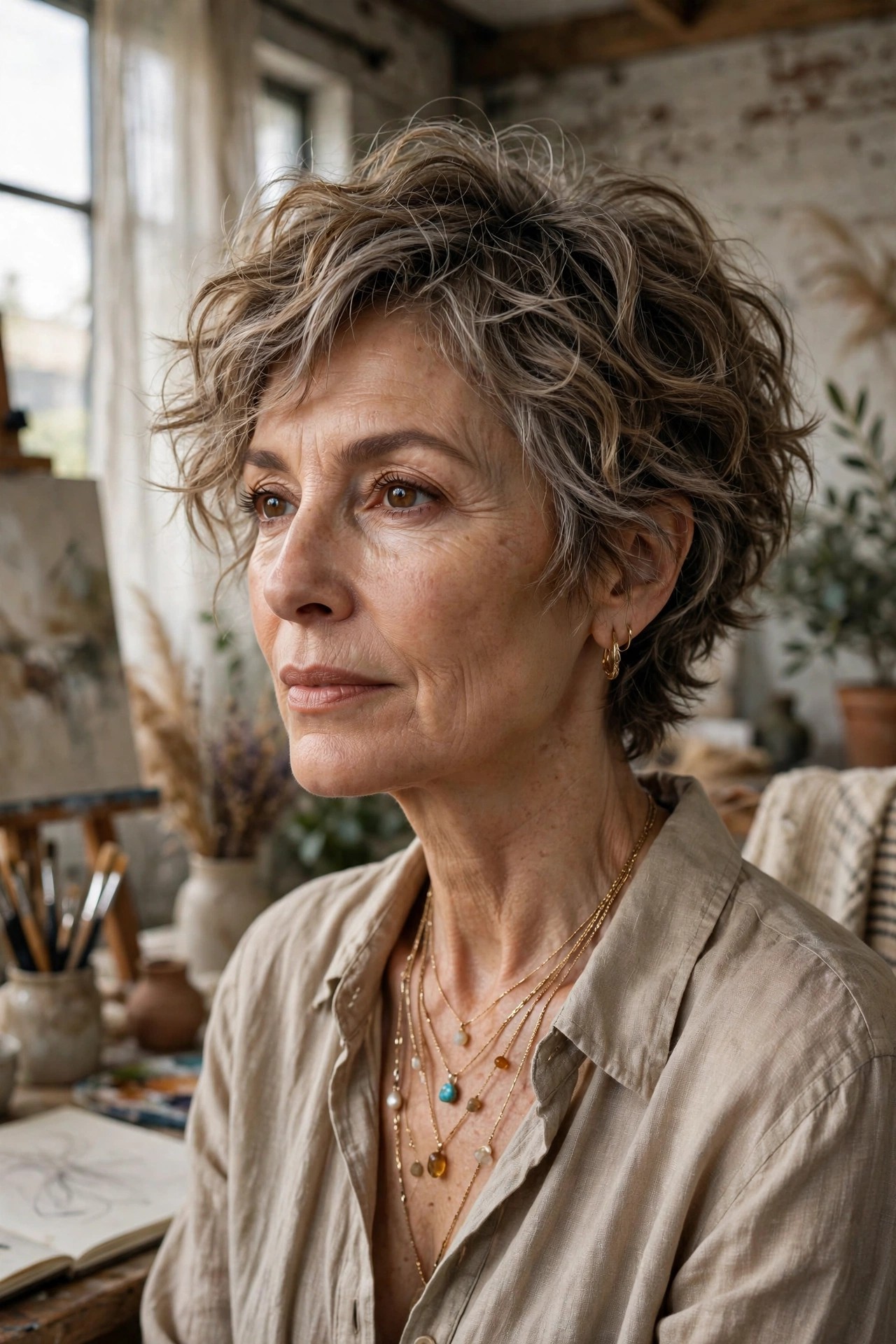 Woman in her 50s with a tousled muse wavy pixie