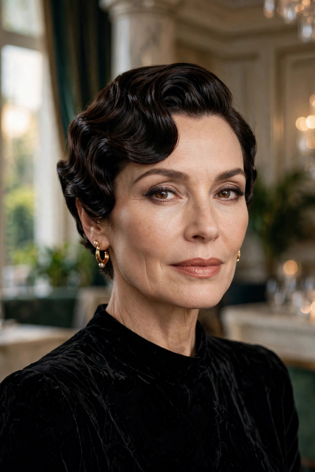 Woman in her 50s with a silver-screen wave pixie