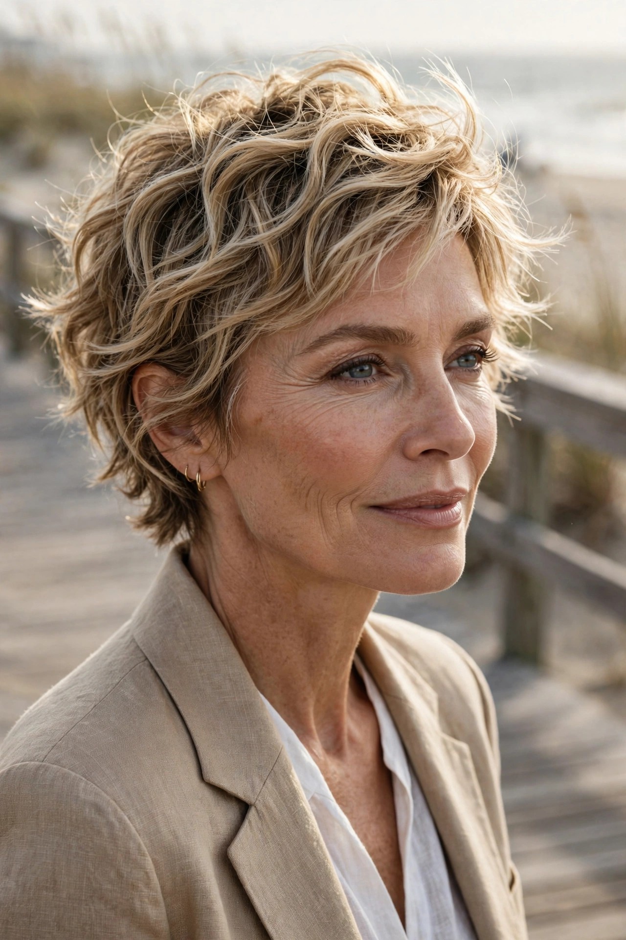 Woman in her 50s with a shoreline wavy pixie