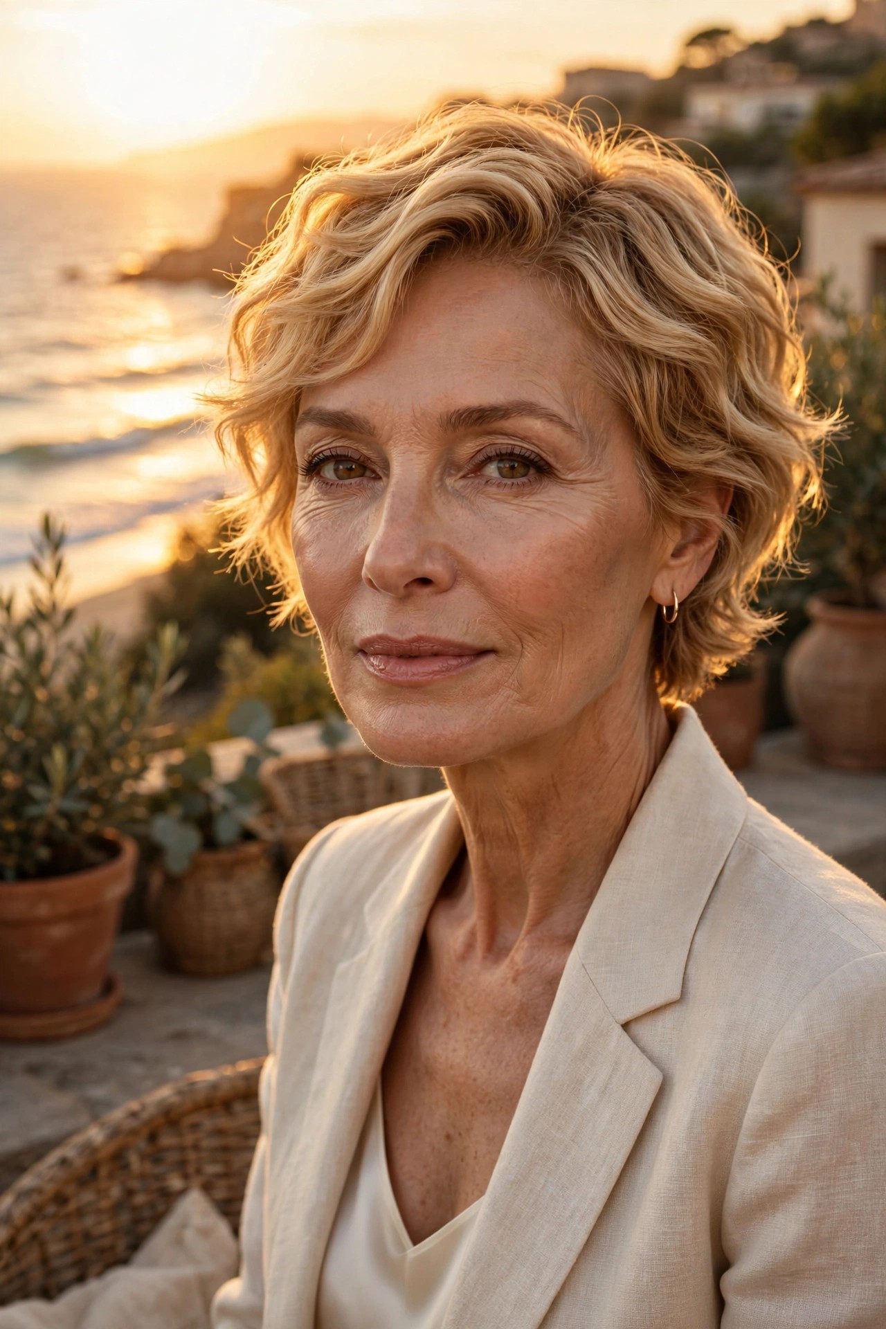 Woman in her 60s with a golden-hour wave pixie