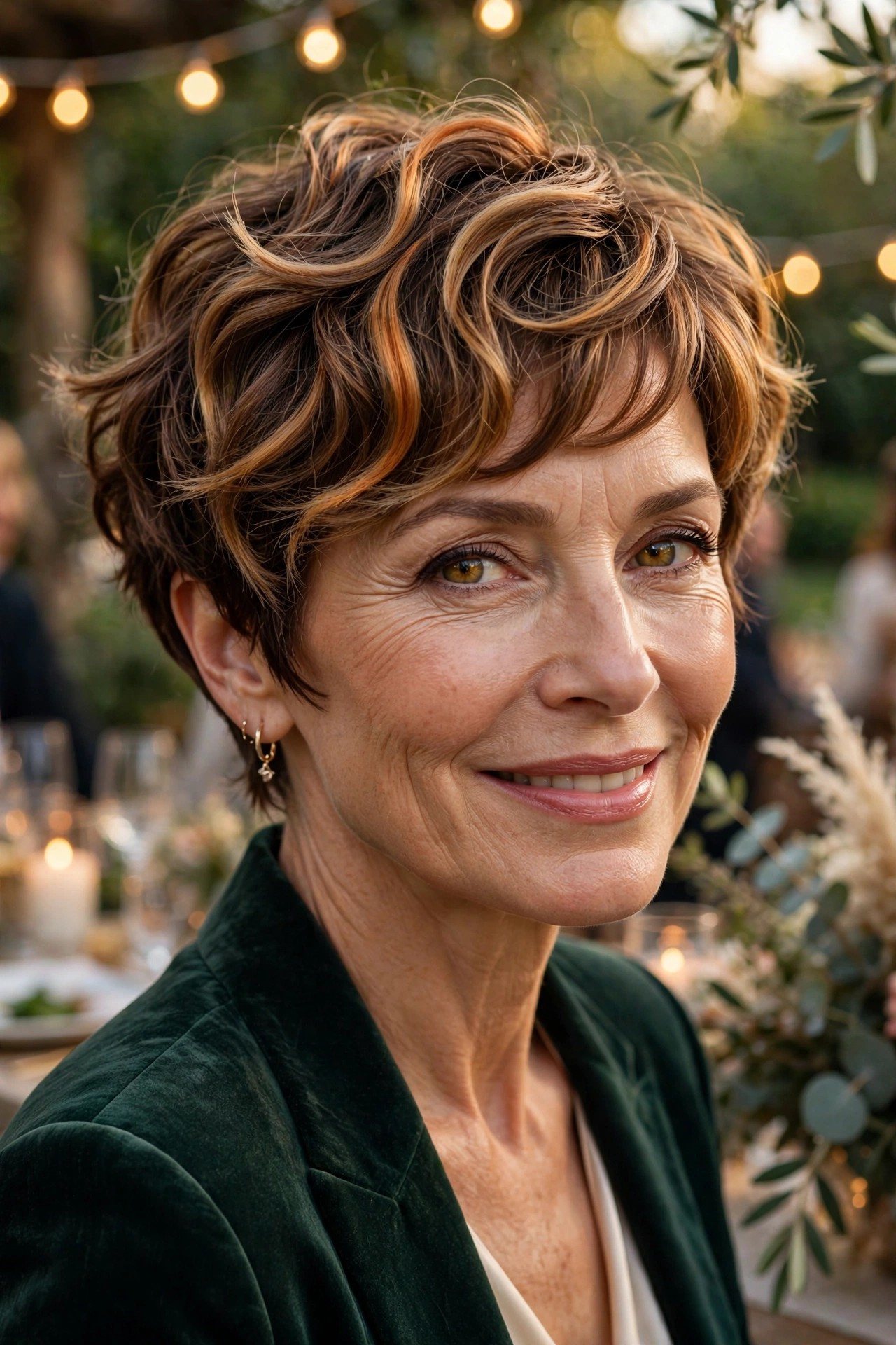 Woman in her 50s with a carnival wave pixie