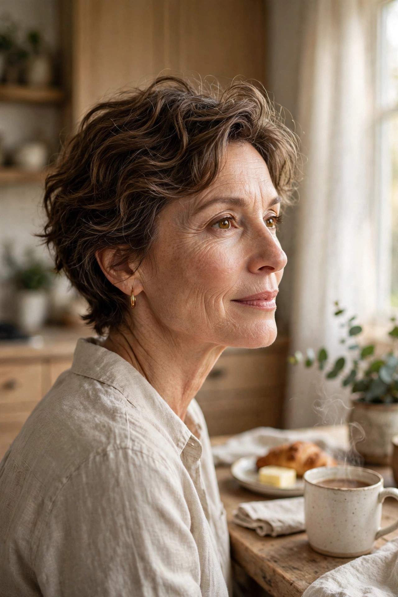 Woman in her 50s with a sunday-morning wavy pixie