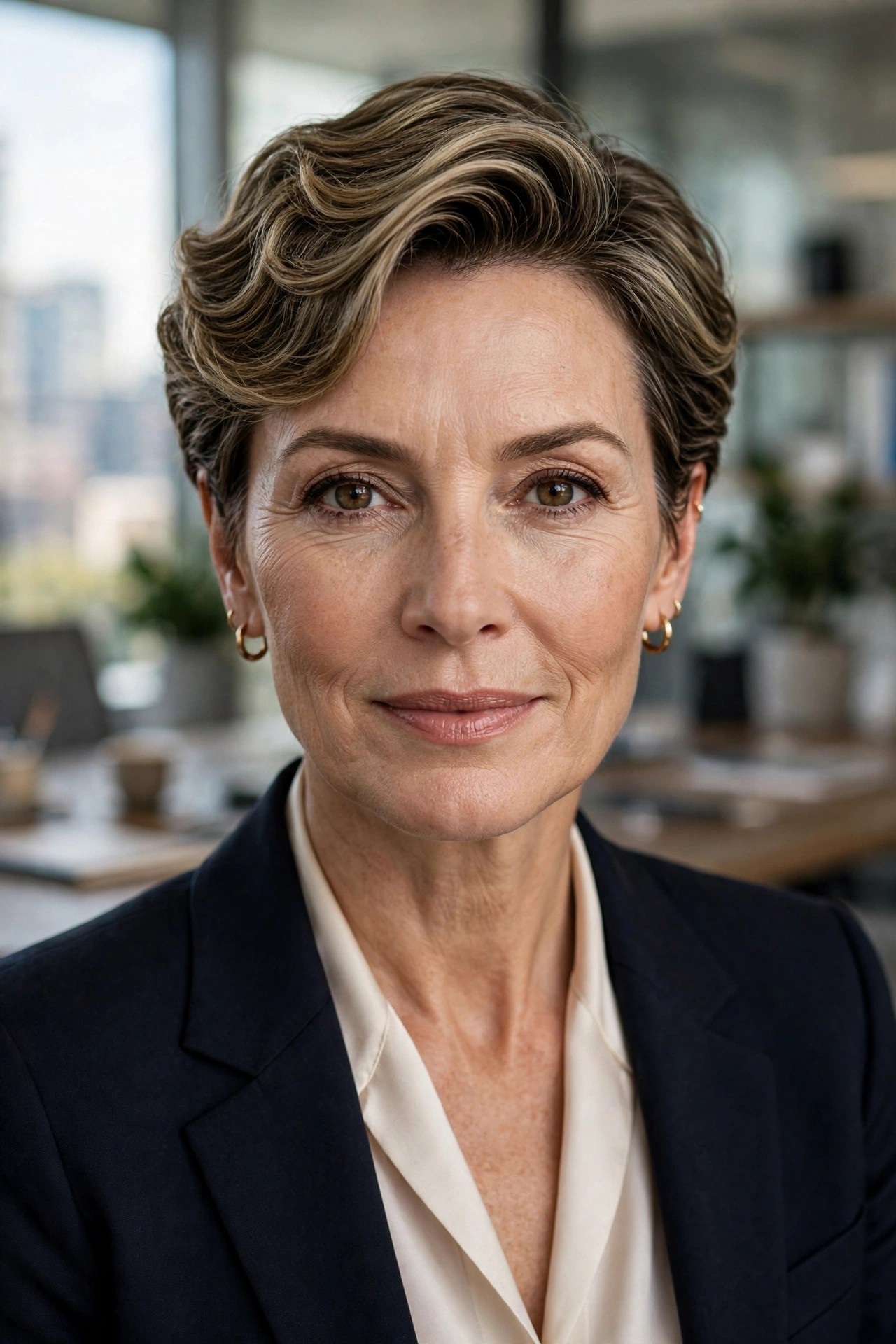 Woman in her 50s with a power wave pixie