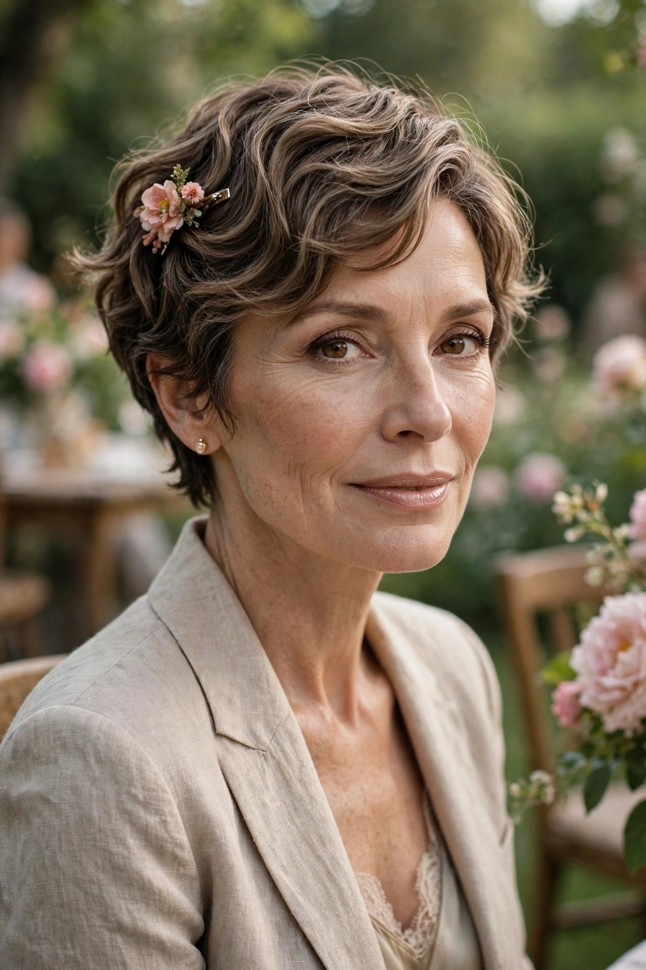 Woman in her 50s with a garden-party wave pixie