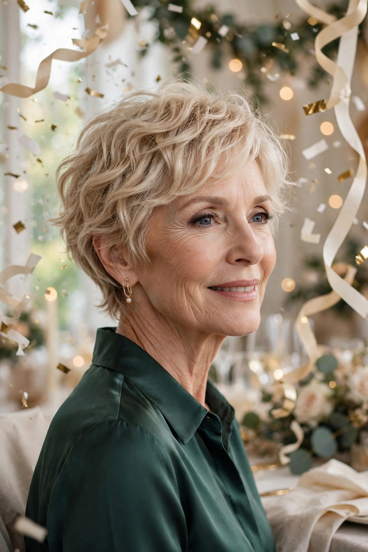 Woman in her 60s with a toast-ready wavy pixie
