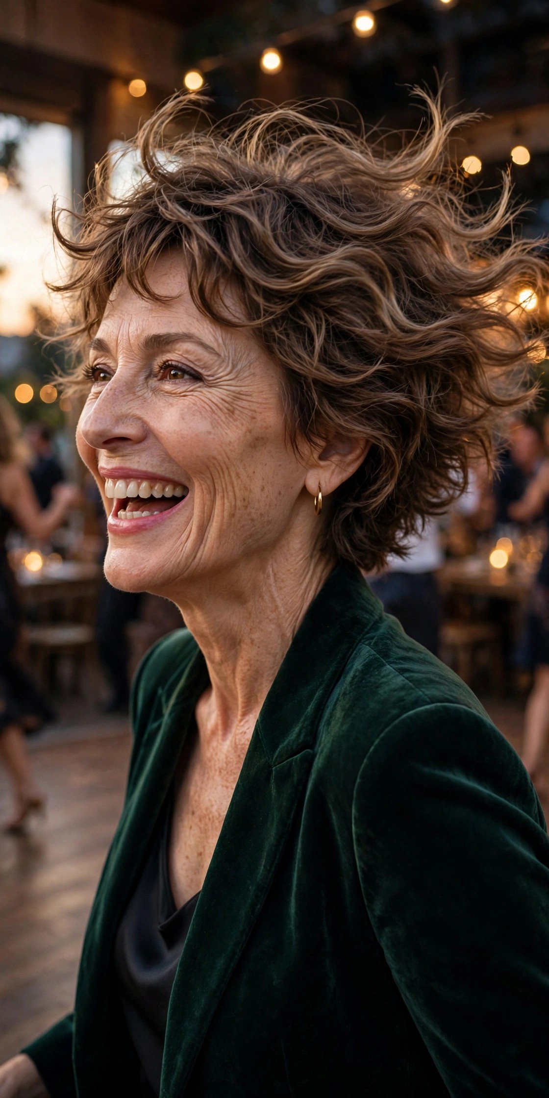 Woman in her 50s with a dance-floor wave pixie